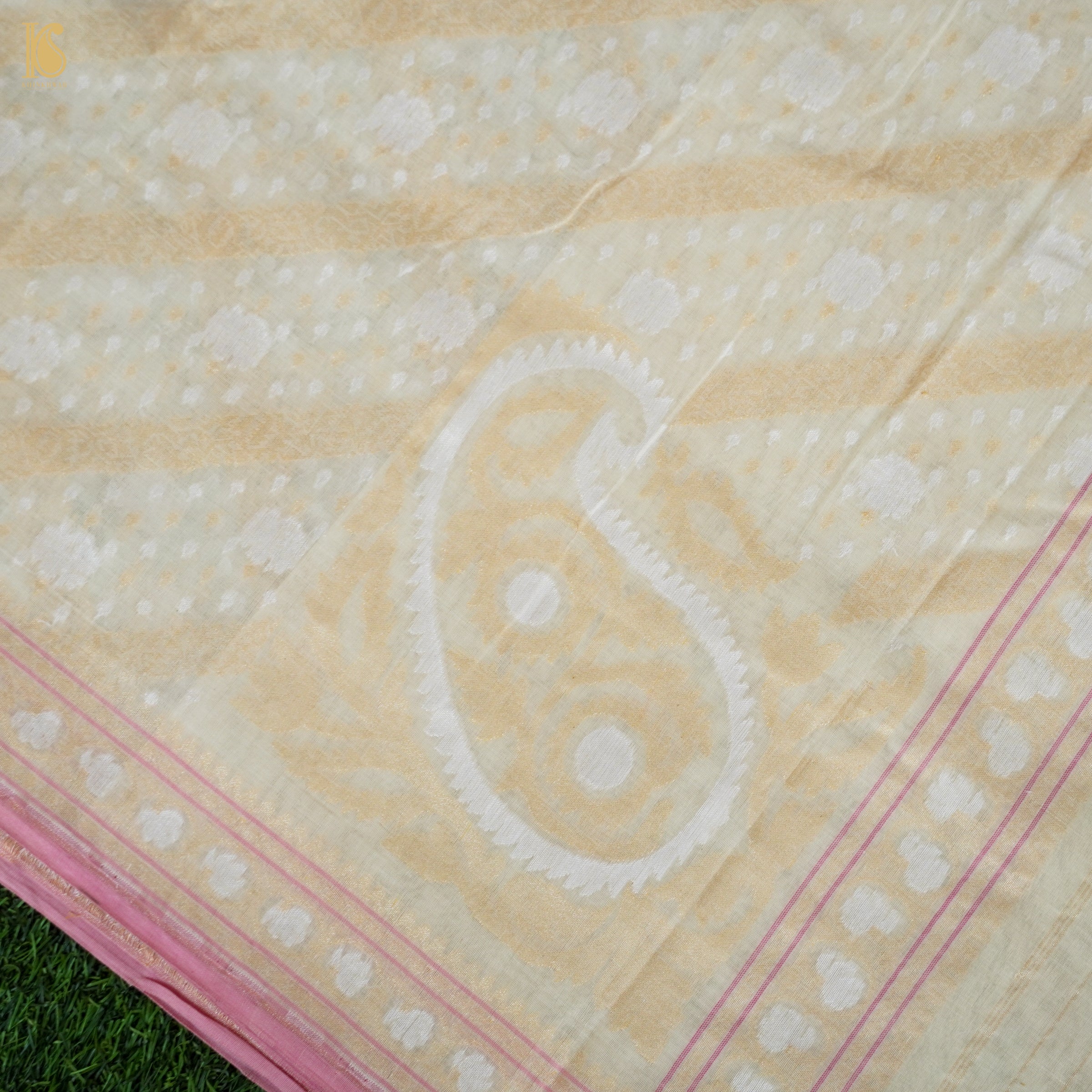 Stark White Pure Cotton Handloom Banarasi Jamdani Ektara Saree - Khinkhwab