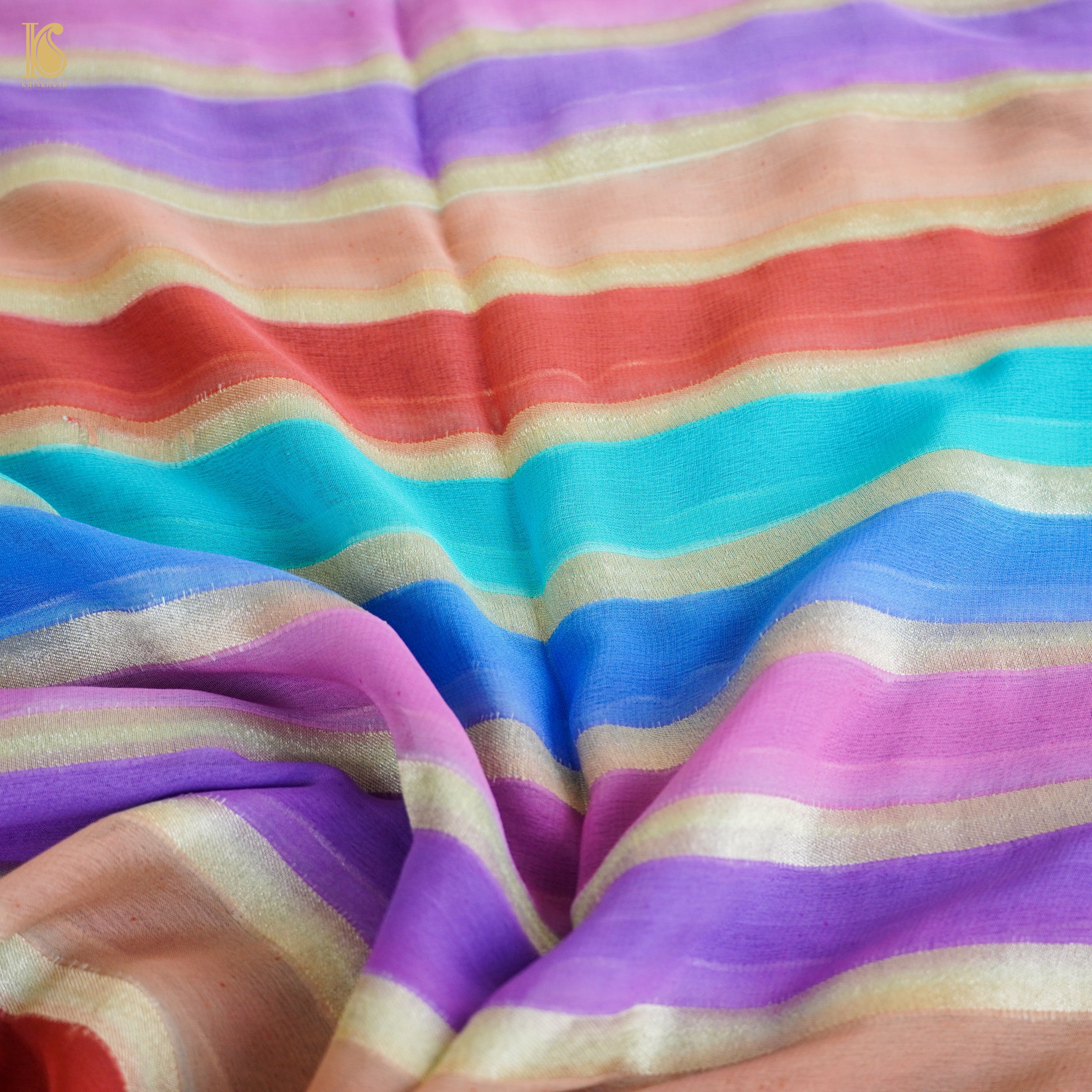 Blue Pure Georgette Handloom Stripes Banarasi Saree - Khinkhwab