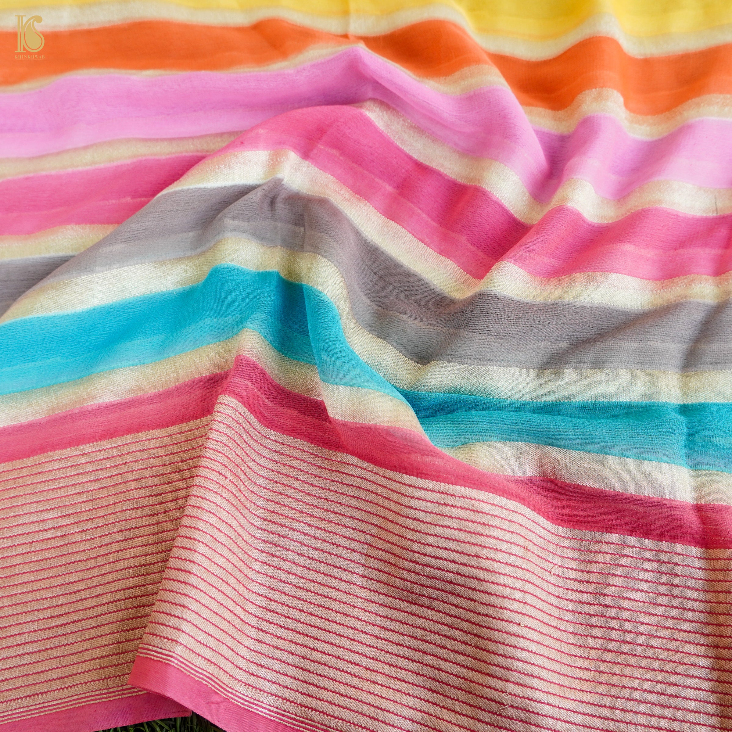 Pink Pure Georgette Handloom Banarasi Stripes Dupatta - Khinkhwab