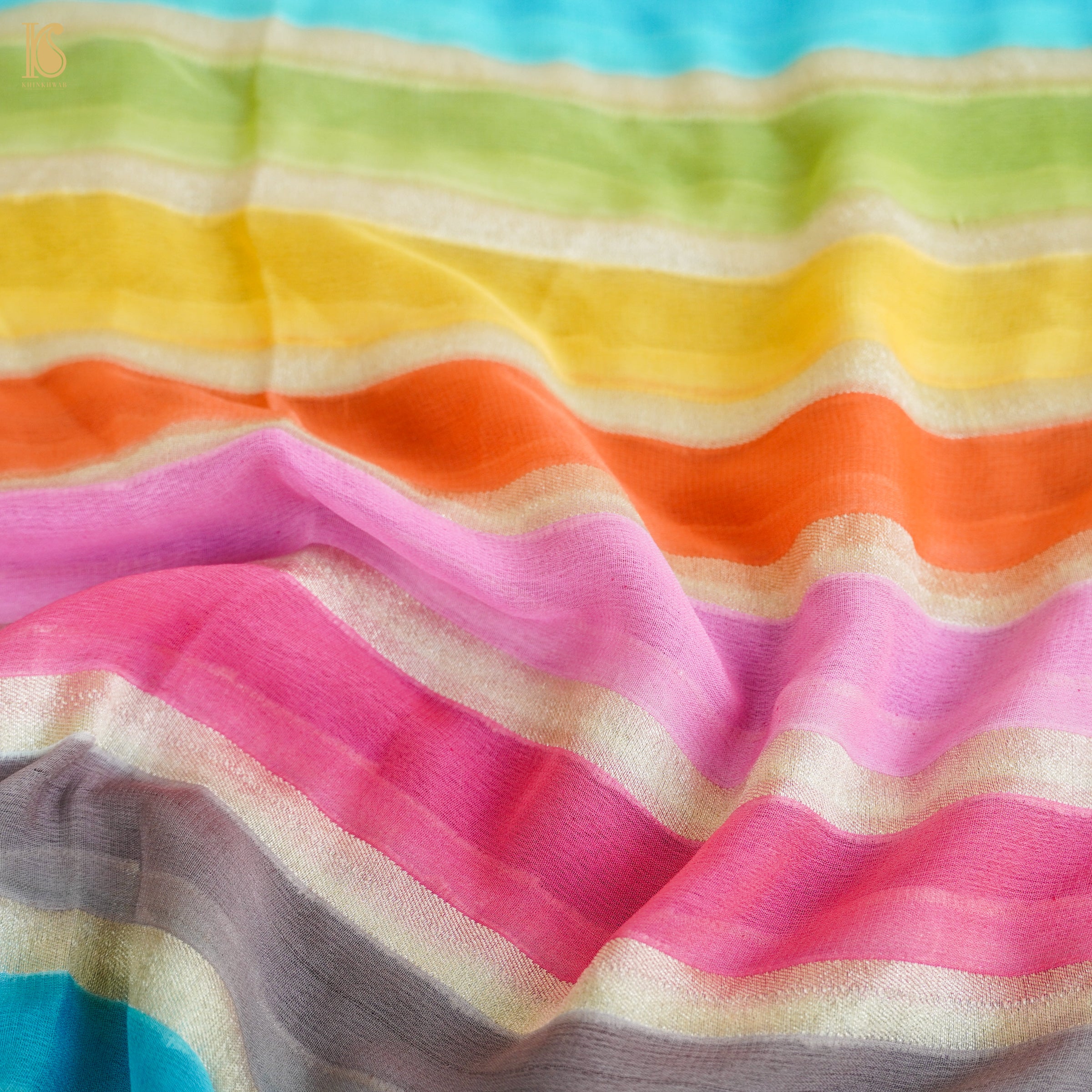Cranberry Pink Pure Georgette Handloom Stripes Banarasi Saree - Khinkhwab