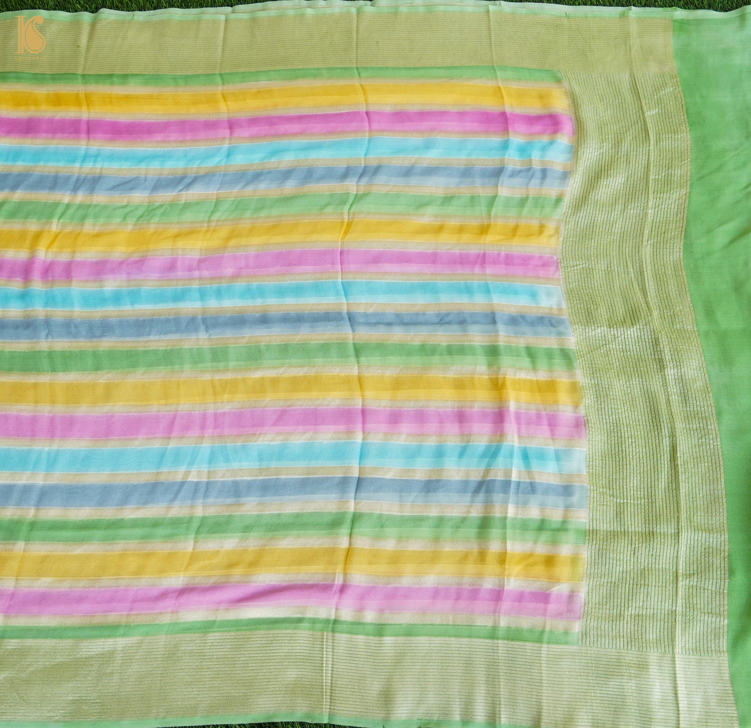 Fern Green Pure Georgette Handloom Stripes Banarasi Saree - Khinkhwab