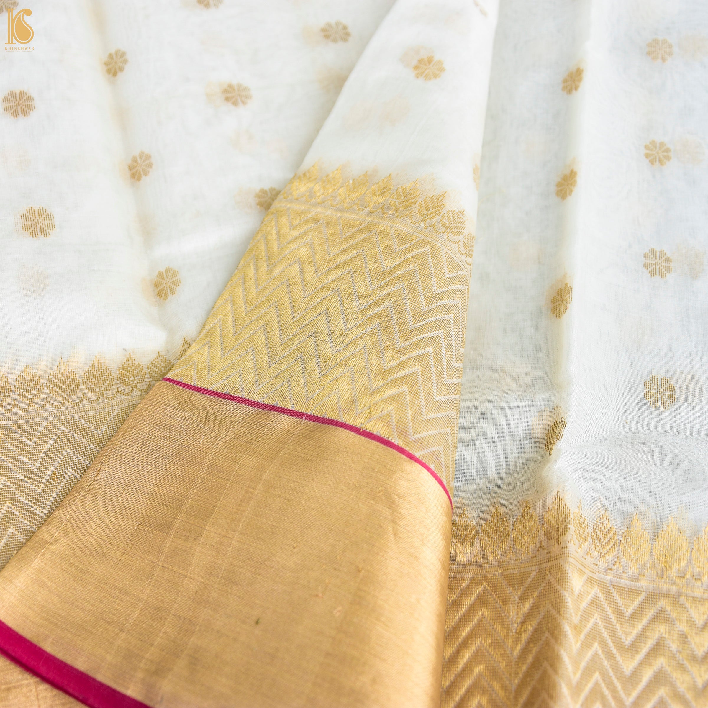 White Pure Katan Silk Handwoven Chanderi Dollar Boota Saree - Khinkhwab