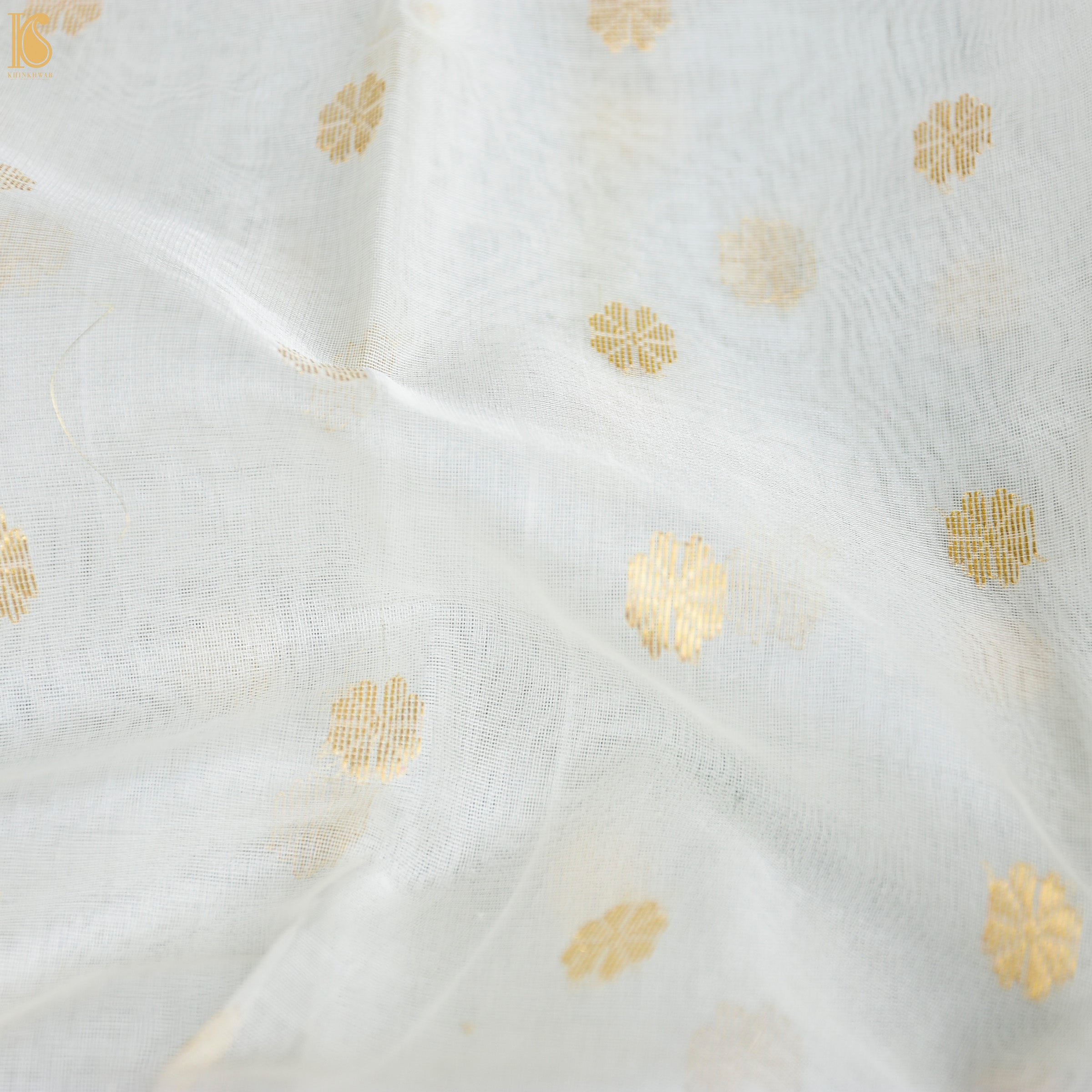 White Pure Katan Silk Handwoven Chanderi Dollar Boota Saree - Khinkhwab