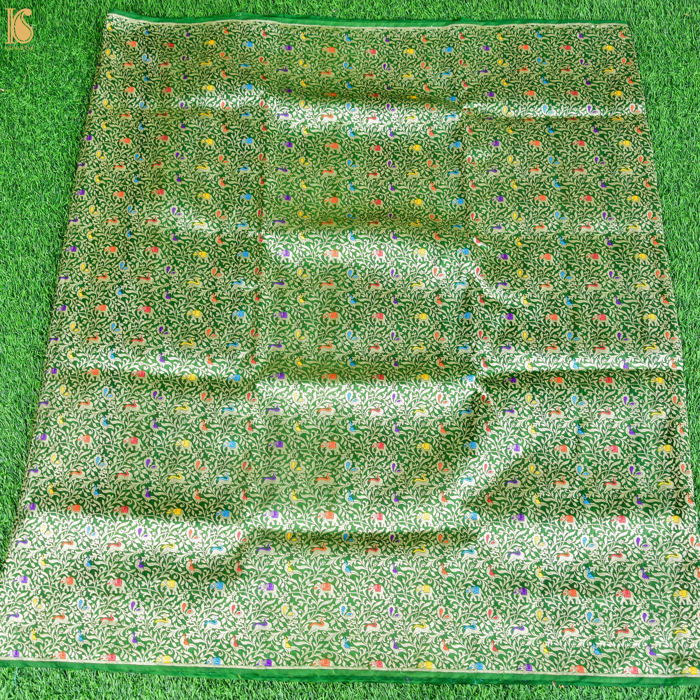 Handwoven Japanese Laurel Green Pure Katan Silk Banarasi Shikargah Fabric - Khinkhwab