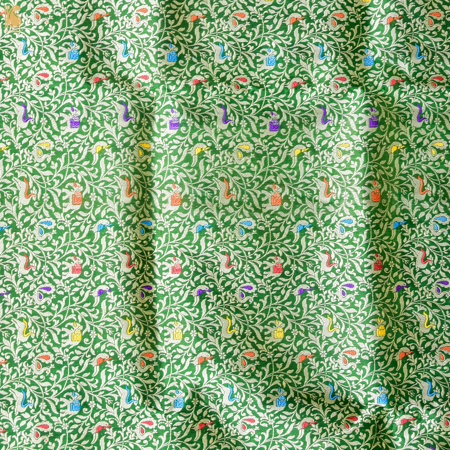 Handwoven Japanese Laurel Green Pure Katan Silk Banarasi Shikargah Fabric - Khinkhwab