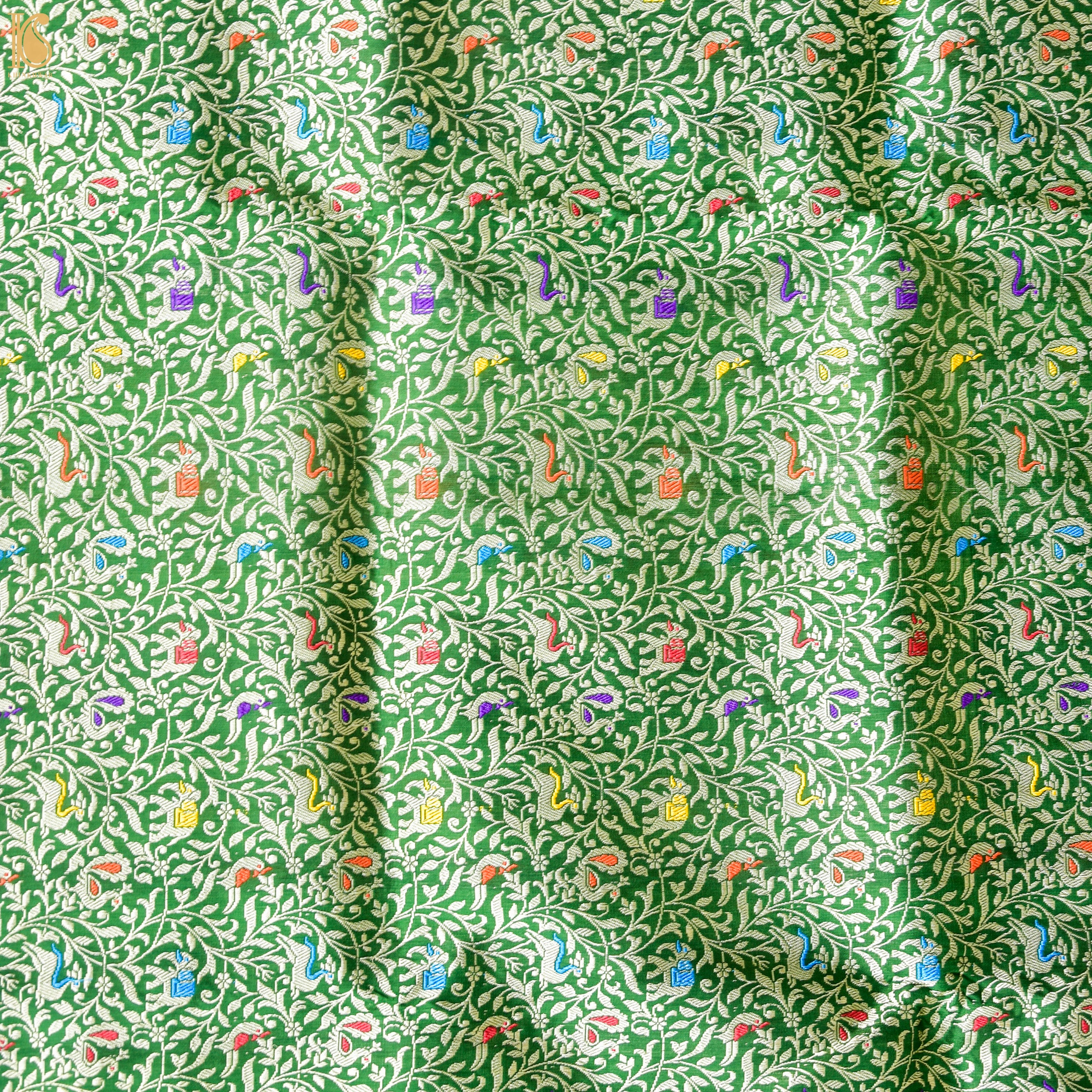 Handwoven Japanese Laurel Green Pure Katan Silk Banarasi Shikargah Fabric - Khinkhwab