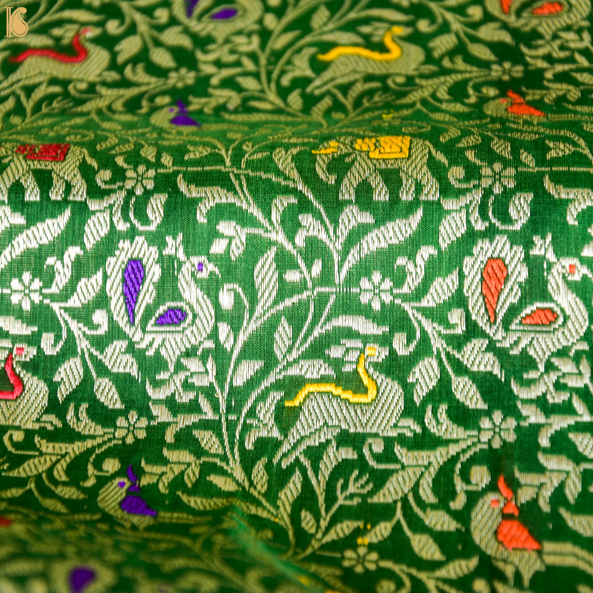 Handwoven Japanese Laurel Green Pure Katan Silk Banarasi Shikargah Fabric - Khinkhwab