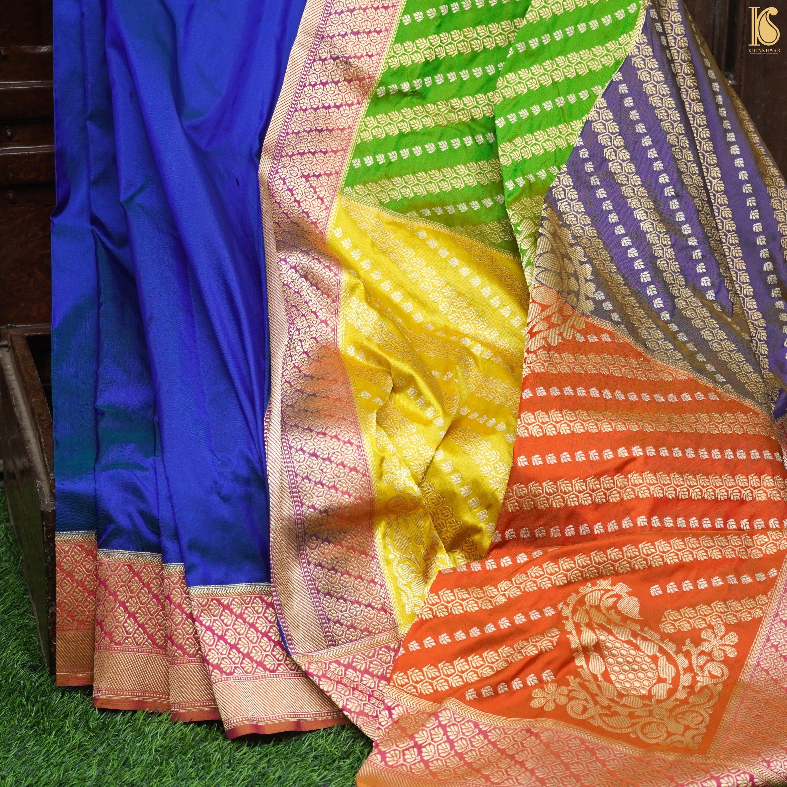 Blue Handwoven Pure Katan Silk Chauki Rangkat Banarasi Saree - Khinkhwab