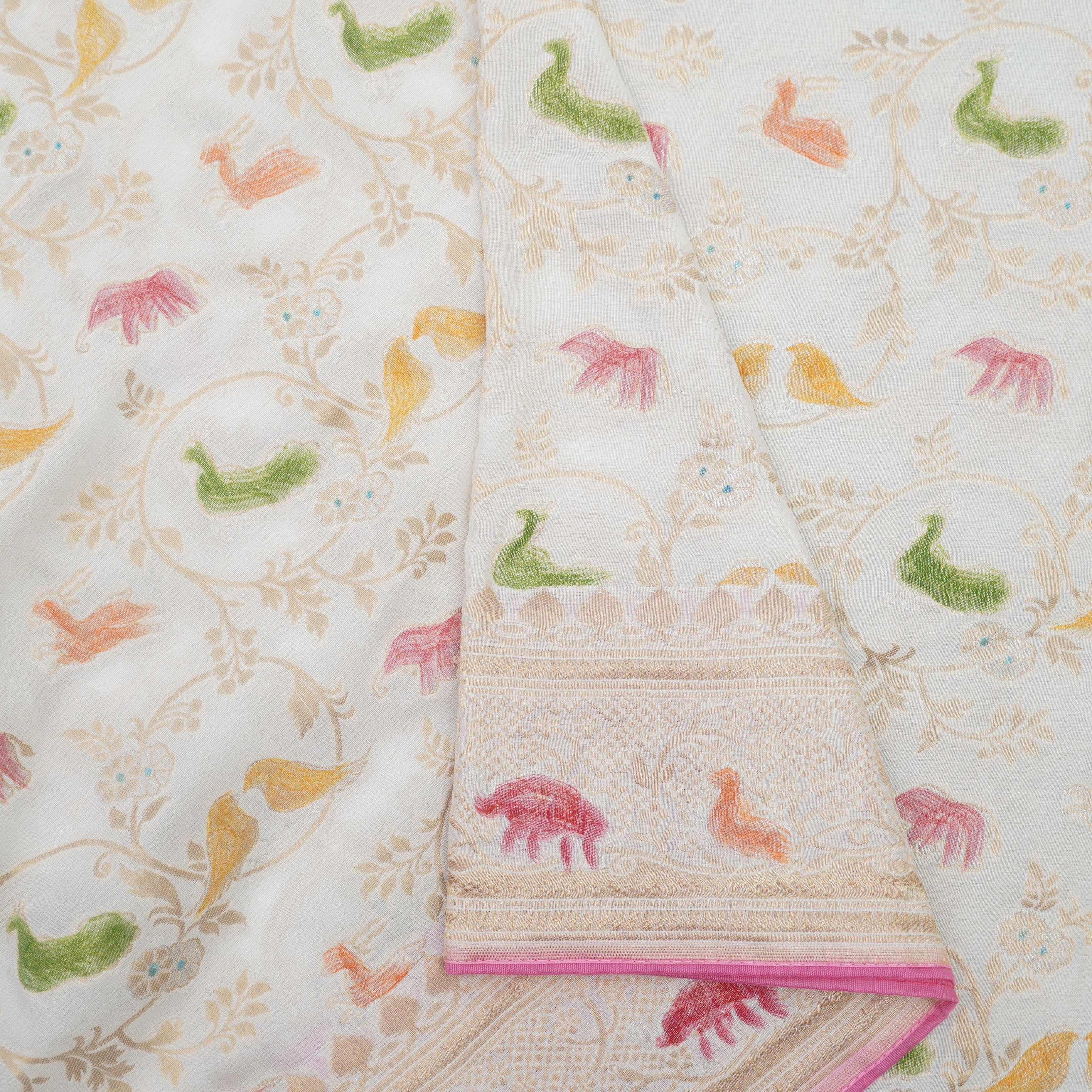 White & Pink Georgette Shikargah Banarasi Hand Brush Dupatta - Khinkhwab