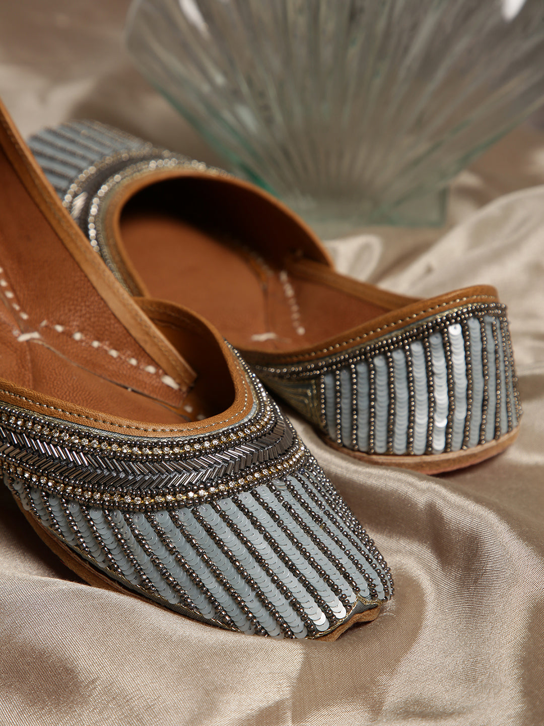Handcrafted Silver Punjabi Jutti with Sequence Work - Khinkhwab