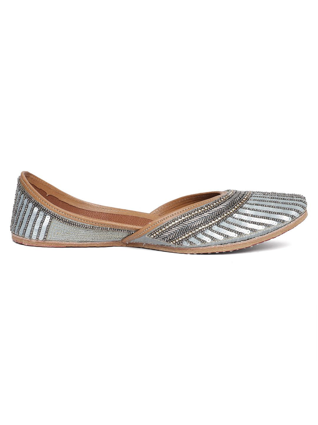 Handcrafted Silver Punjabi Jutti with Sequence Work - Khinkhwab