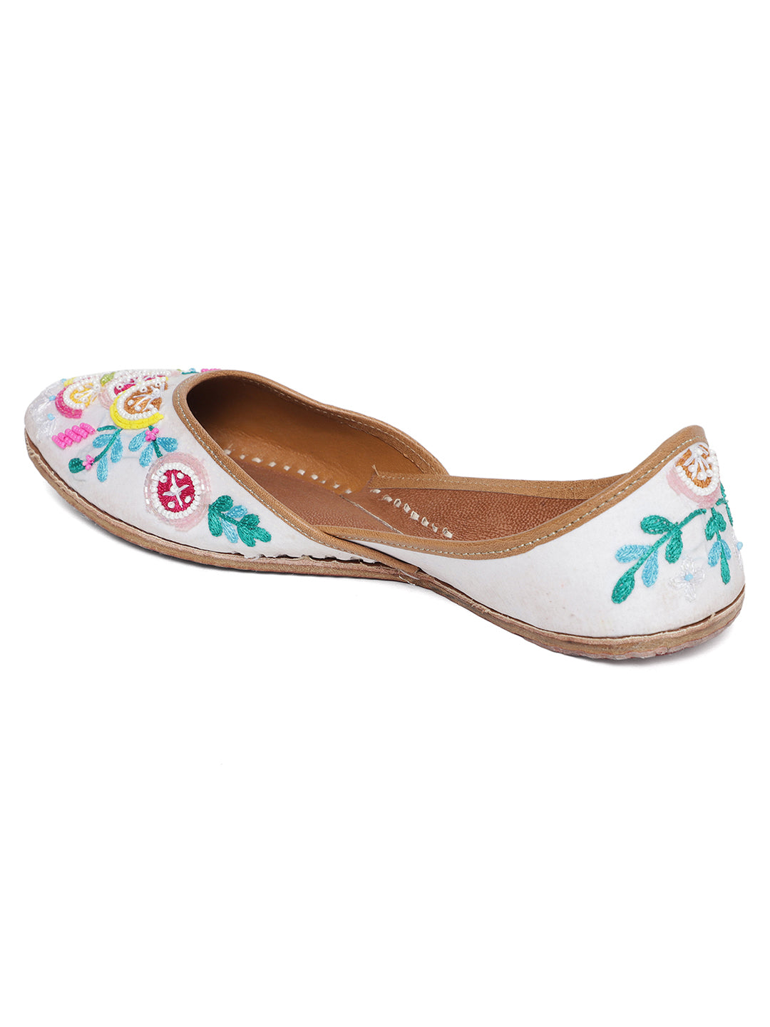 Handcrafted White Punjabi Jutti with Multicolor Embellishment - Khinkhwab