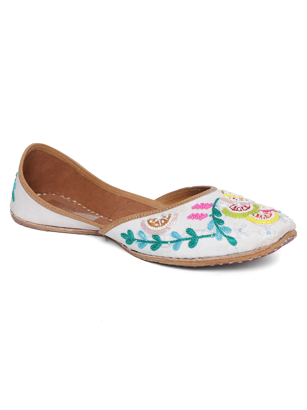 Handcrafted White Punjabi Jutti with Multicolor Embellishment - Khinkhwab