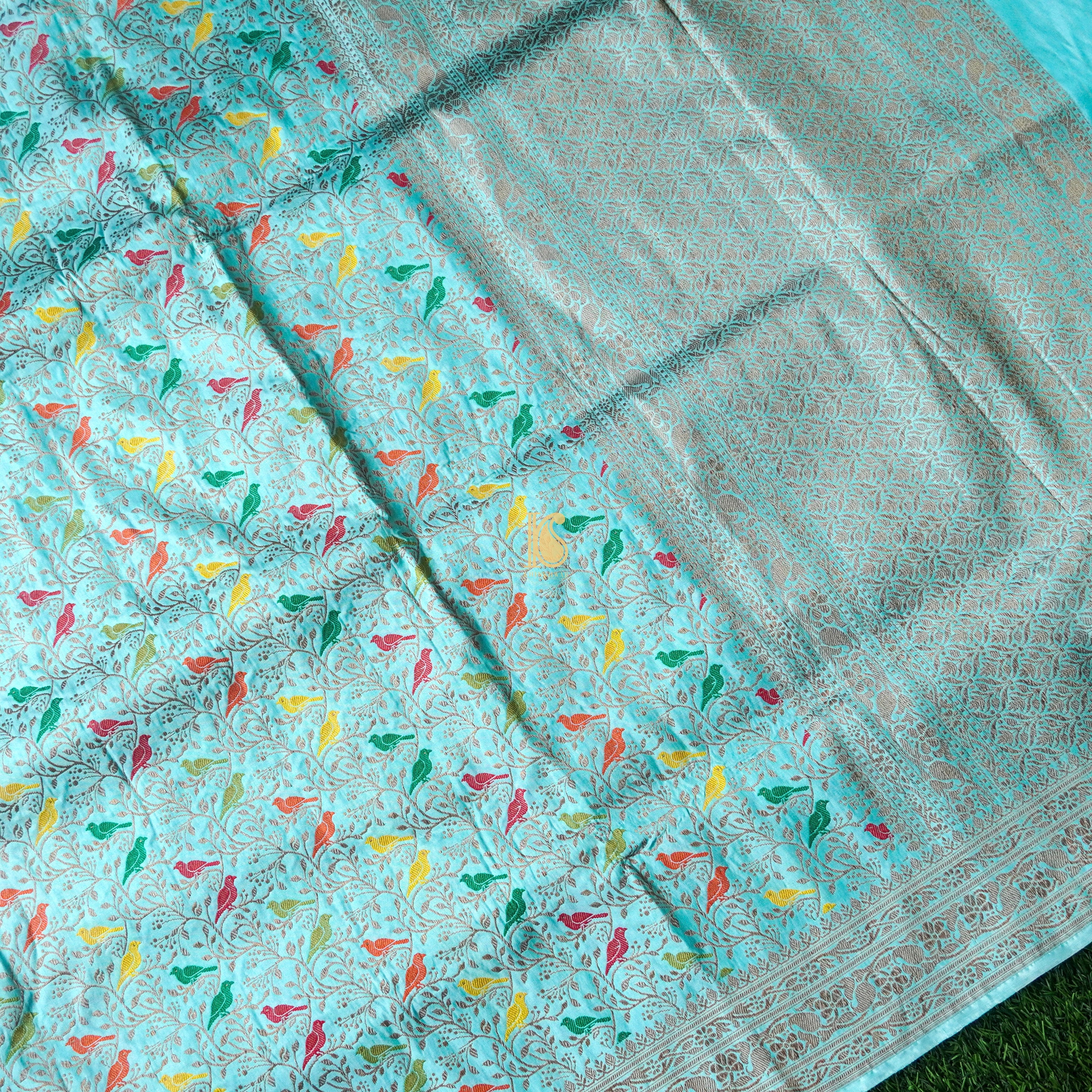 Handloom Katan Silk Morning Glory Blue Banarasi Chidiya Saree - Khinkhwab