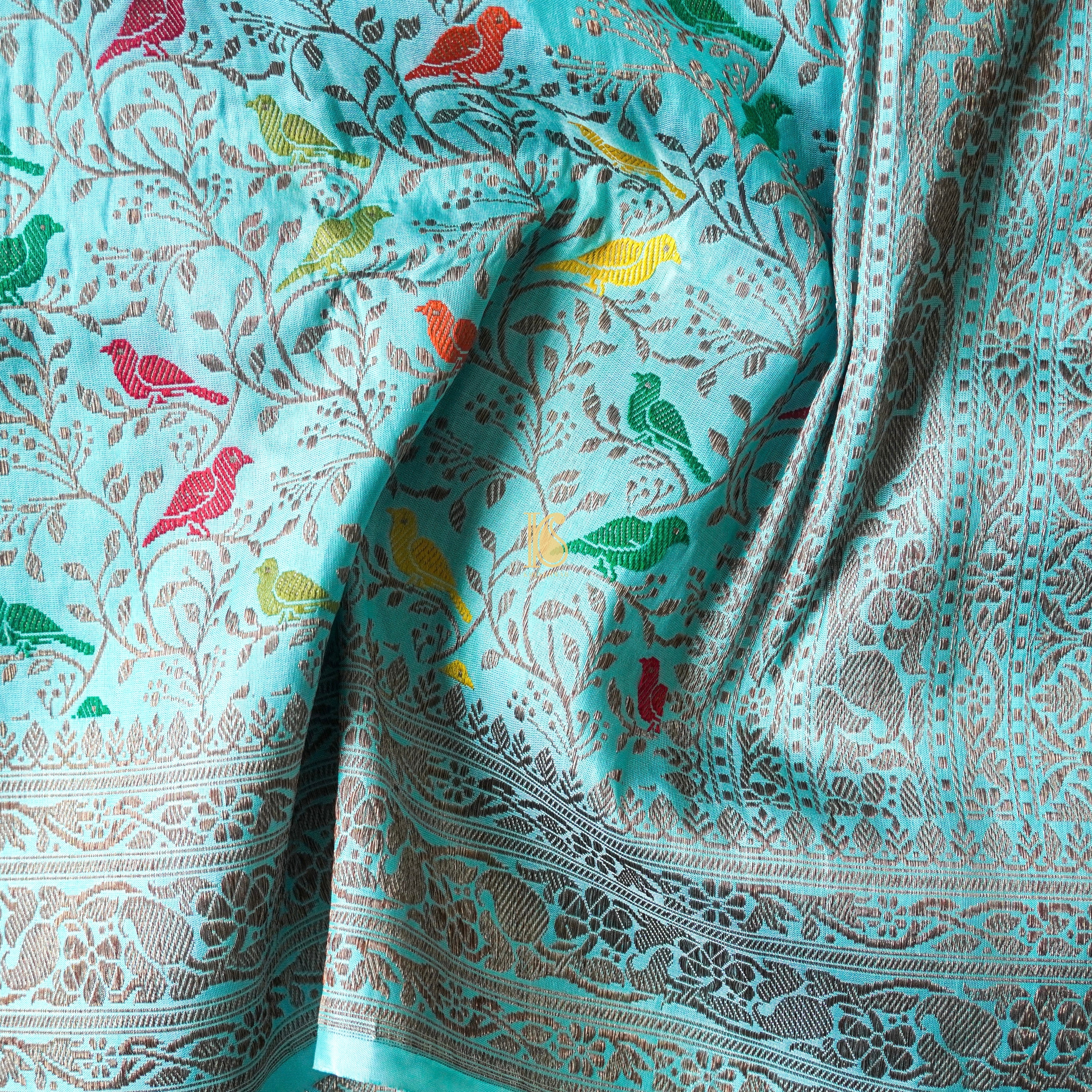 Handloom Katan Silk Morning Glory Blue Banarasi Chidiya Saree - Khinkhwab