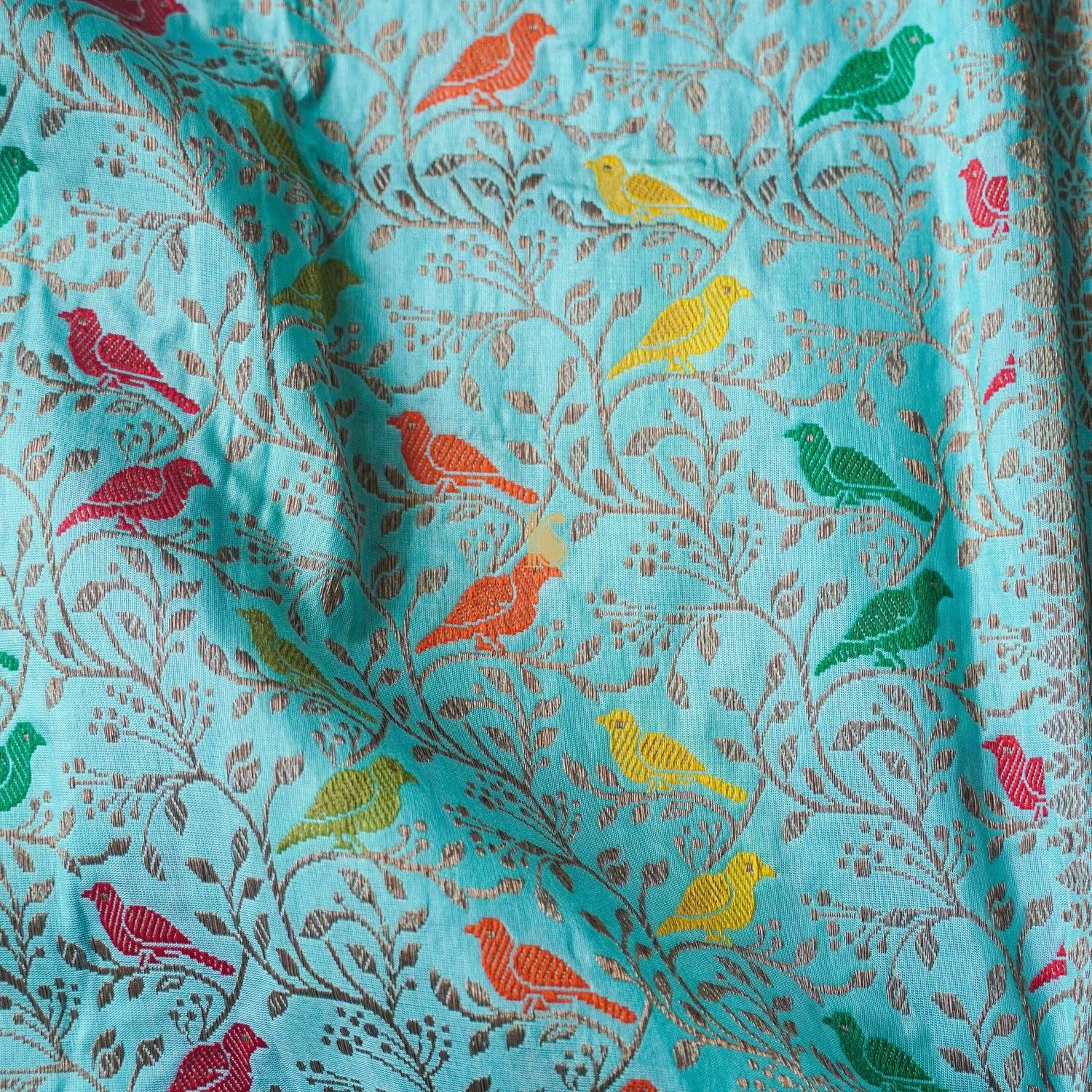 Handloom Katan Silk Morning Glory Blue Banarasi Chidiya Saree - Khinkhwab