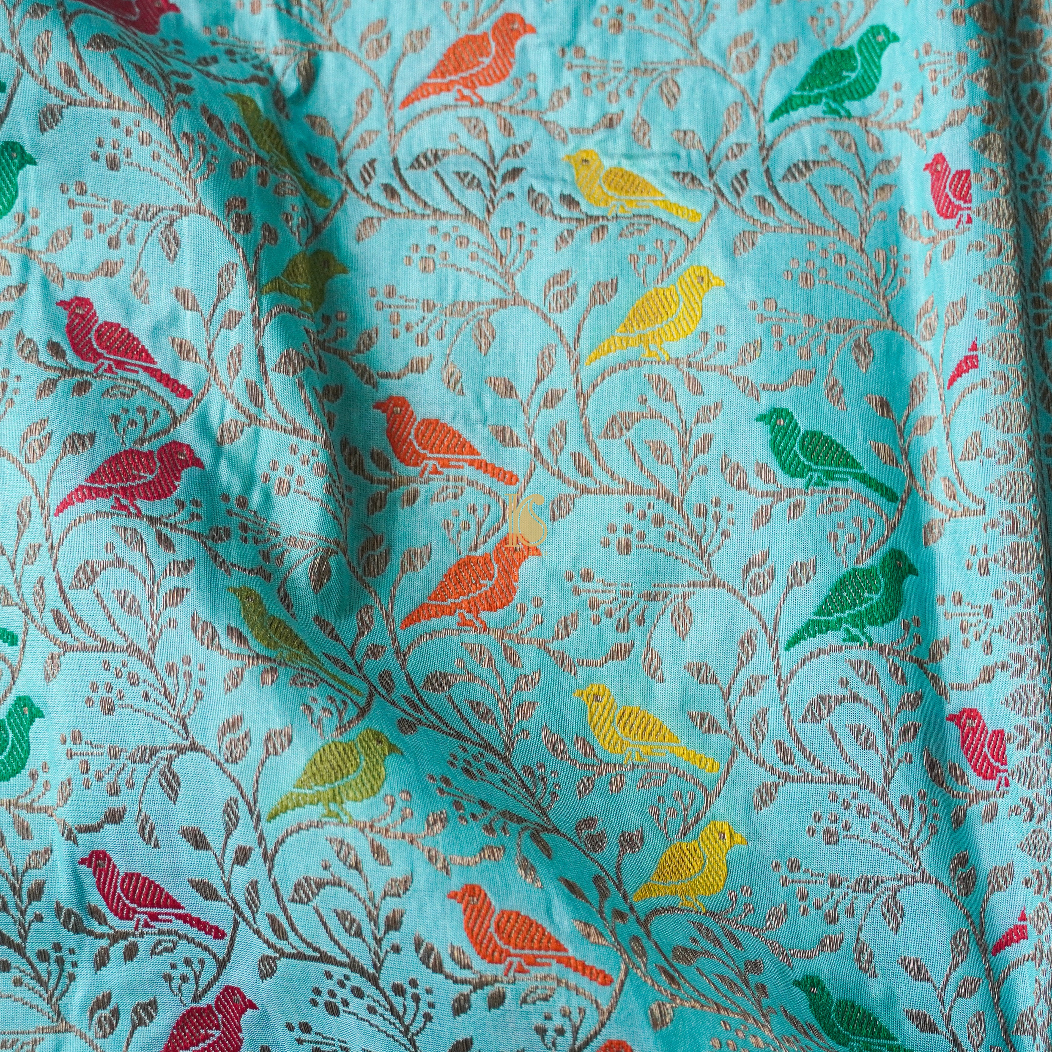 Handloom Katan Silk Morning Glory Blue Banarasi Chidiya Saree - Khinkhwab