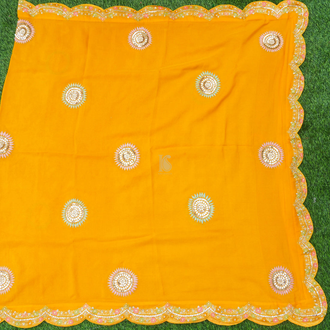Yellow Pure Georgette Banarasi Scalloped Dupatta with Gotta Patti - Khinkhwab
