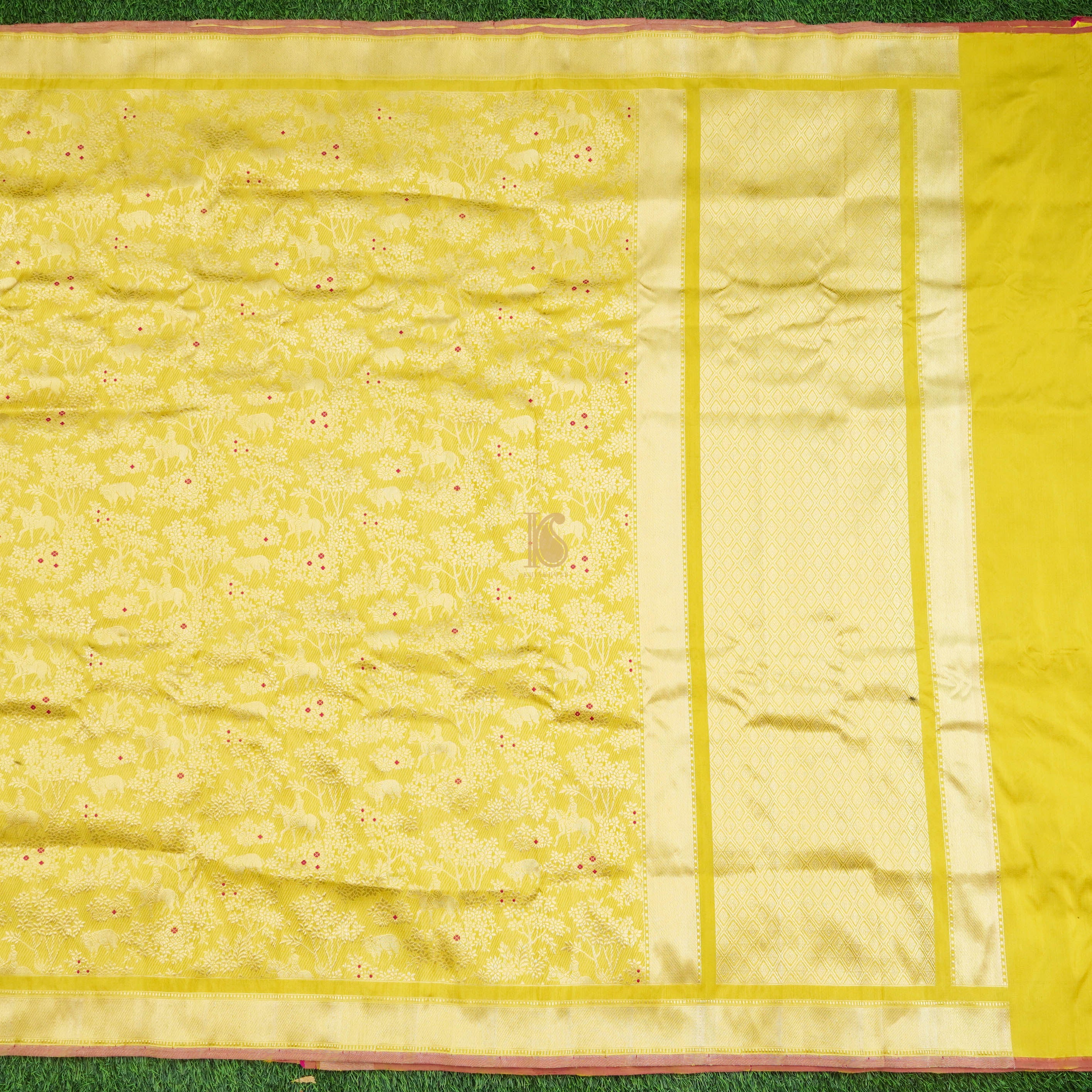 Handloom Banarasi Katan Silk Yellow Shikargah Saree - Khinkhwab