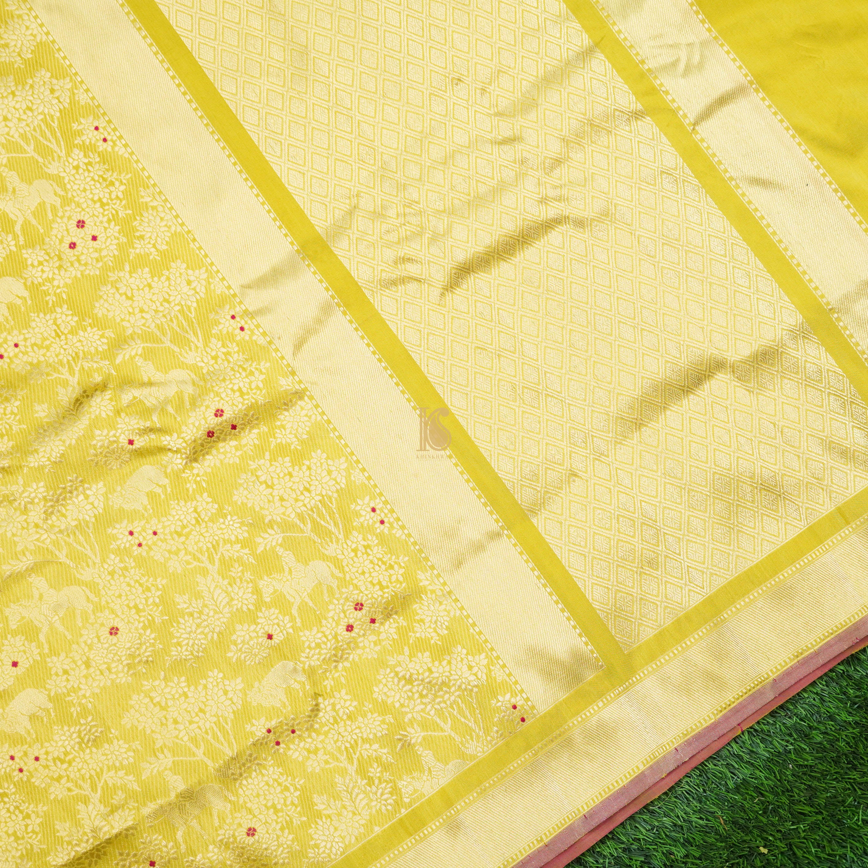 Handloom Banarasi Katan Silk Yellow Shikargah Saree - Khinkhwab