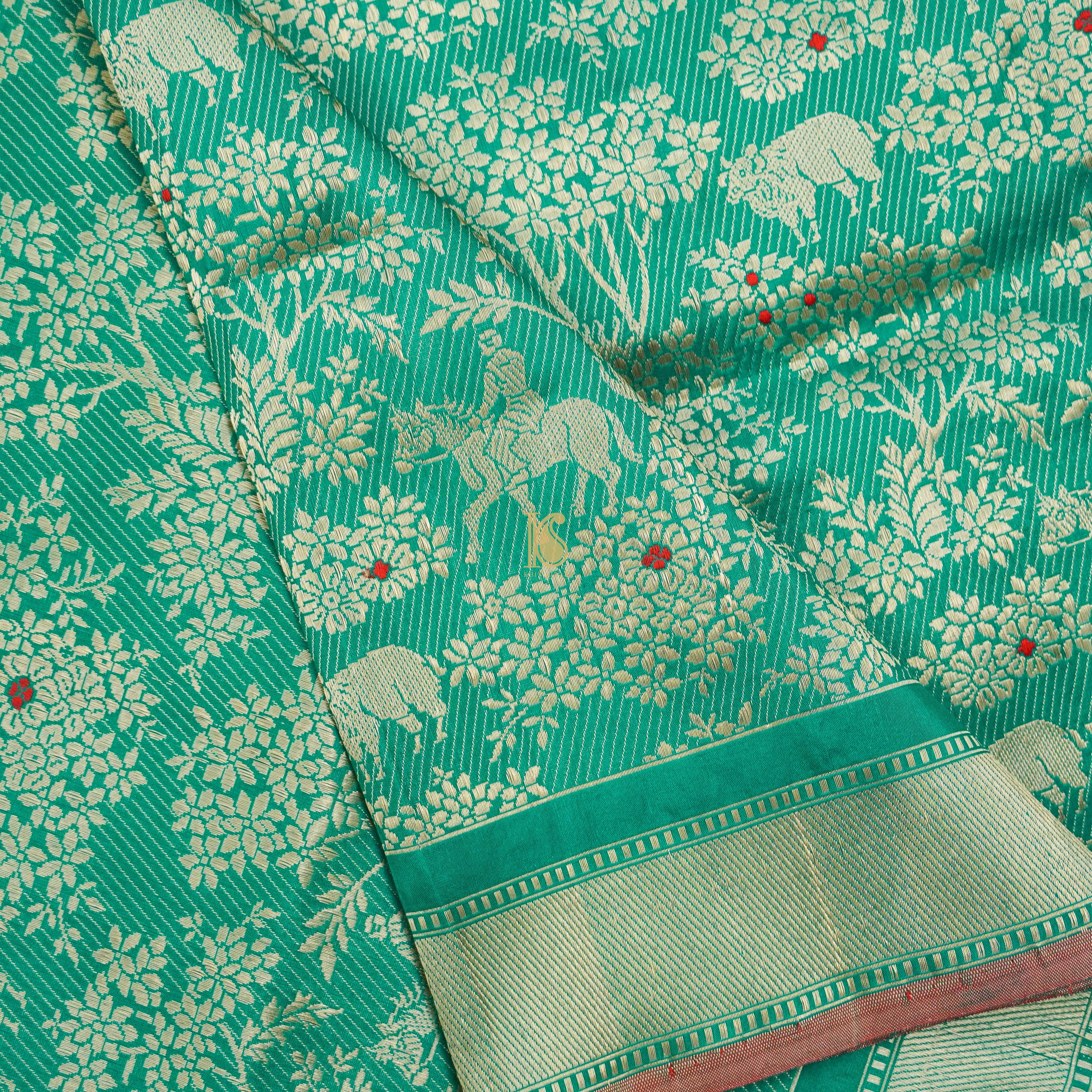 Handloom Banarasi Katan Silk Green Shikargah Saree - Khinkhwab