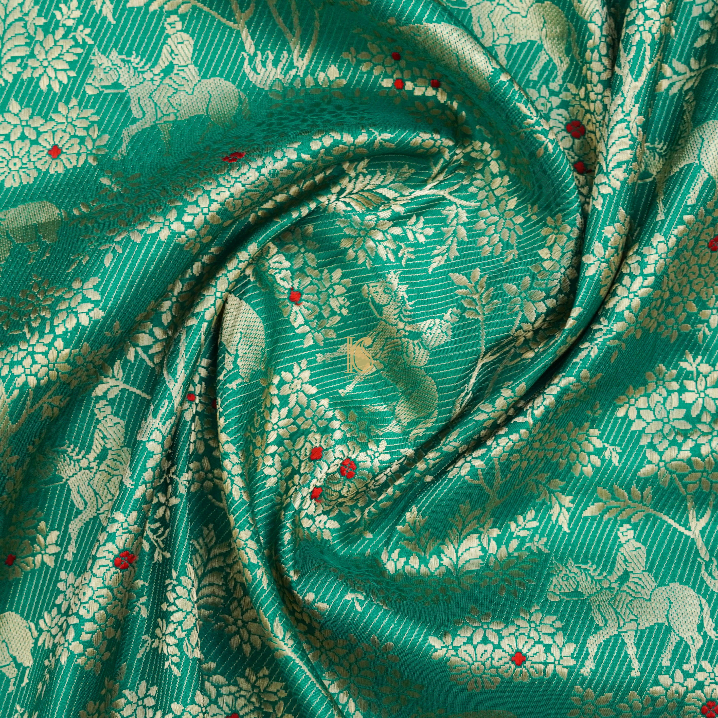 Handloom Banarasi Katan Silk Green Shikargah Saree - Khinkhwab
