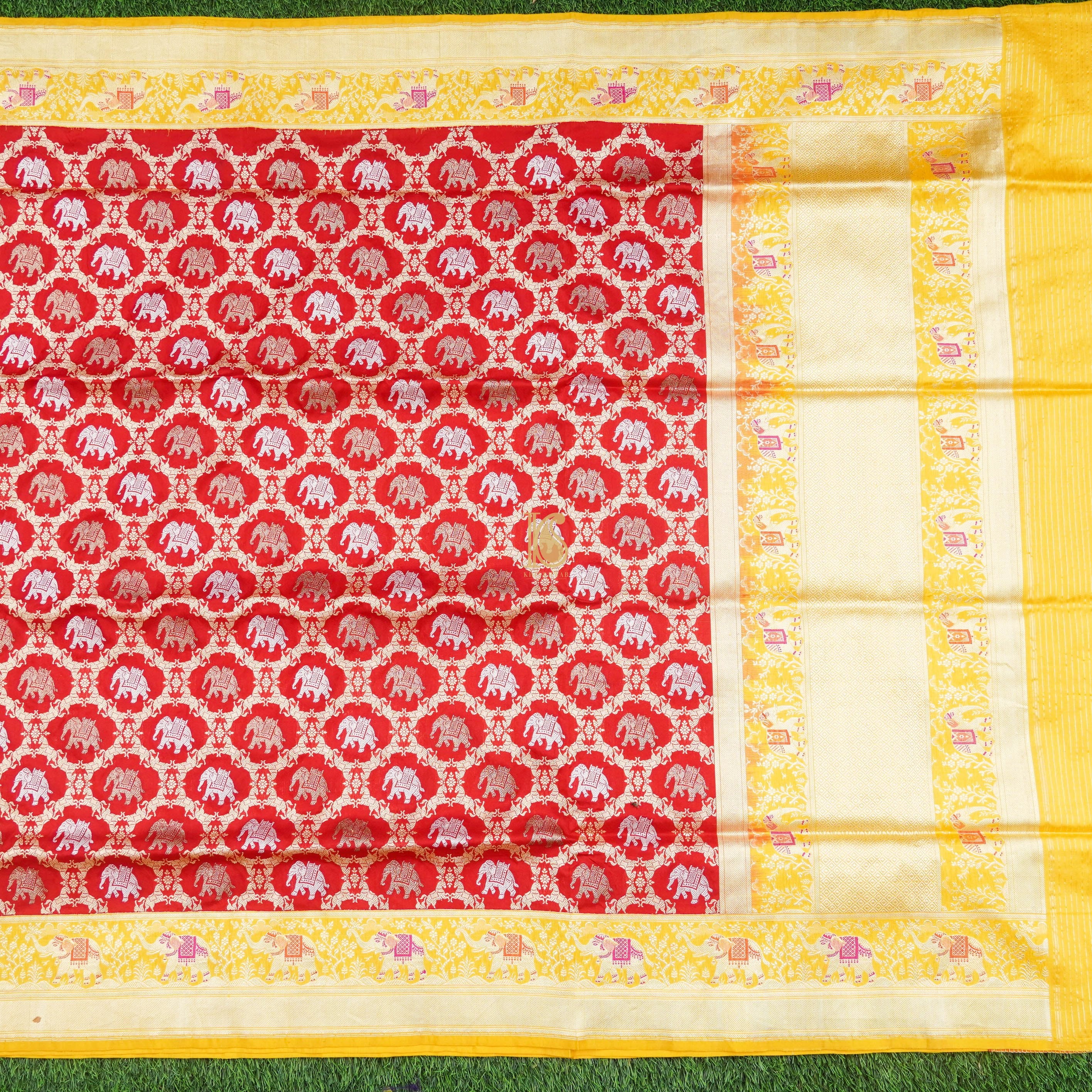 Red Handloom Banarasi Katan Silk Haathi Ghoda Saree - Khinkhwab