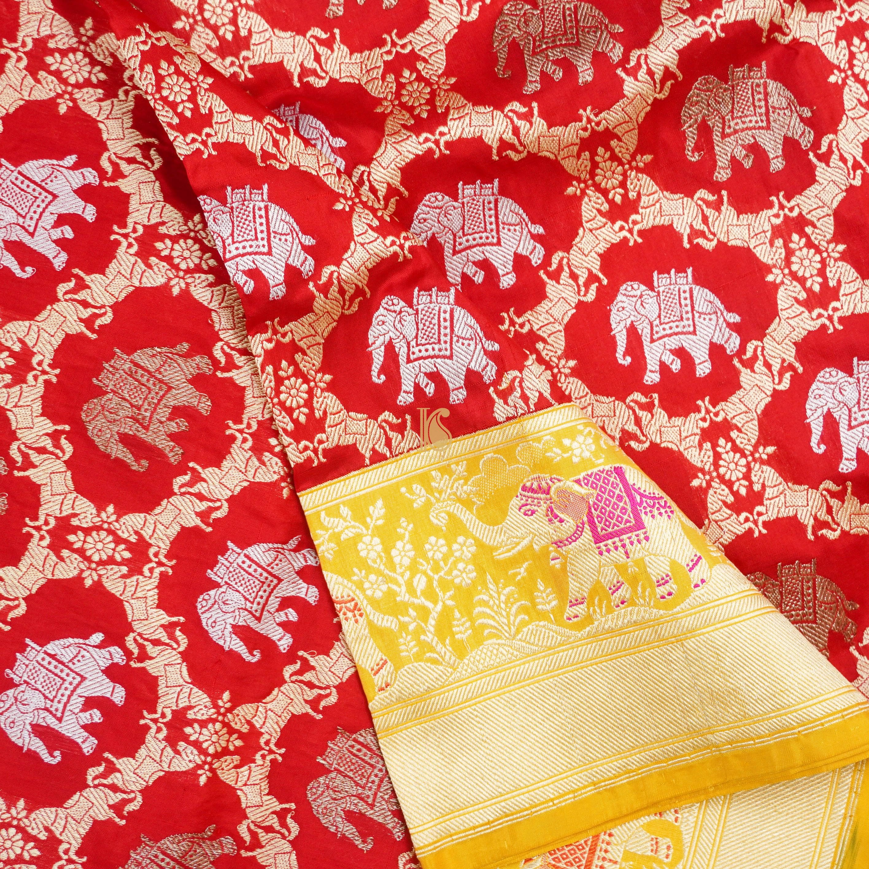 Red Handloom Banarasi Katan Silk Haathi Ghoda Saree - Khinkhwab