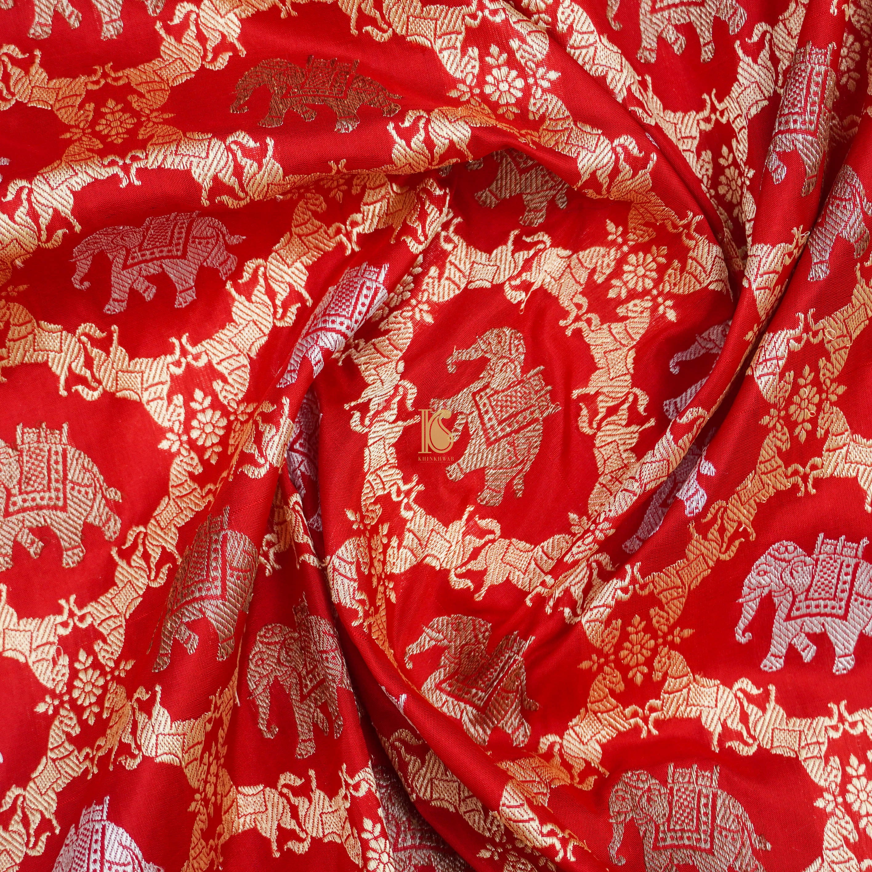 Red Handloom Banarasi Katan Silk Haathi Ghoda Saree - Khinkhwab
