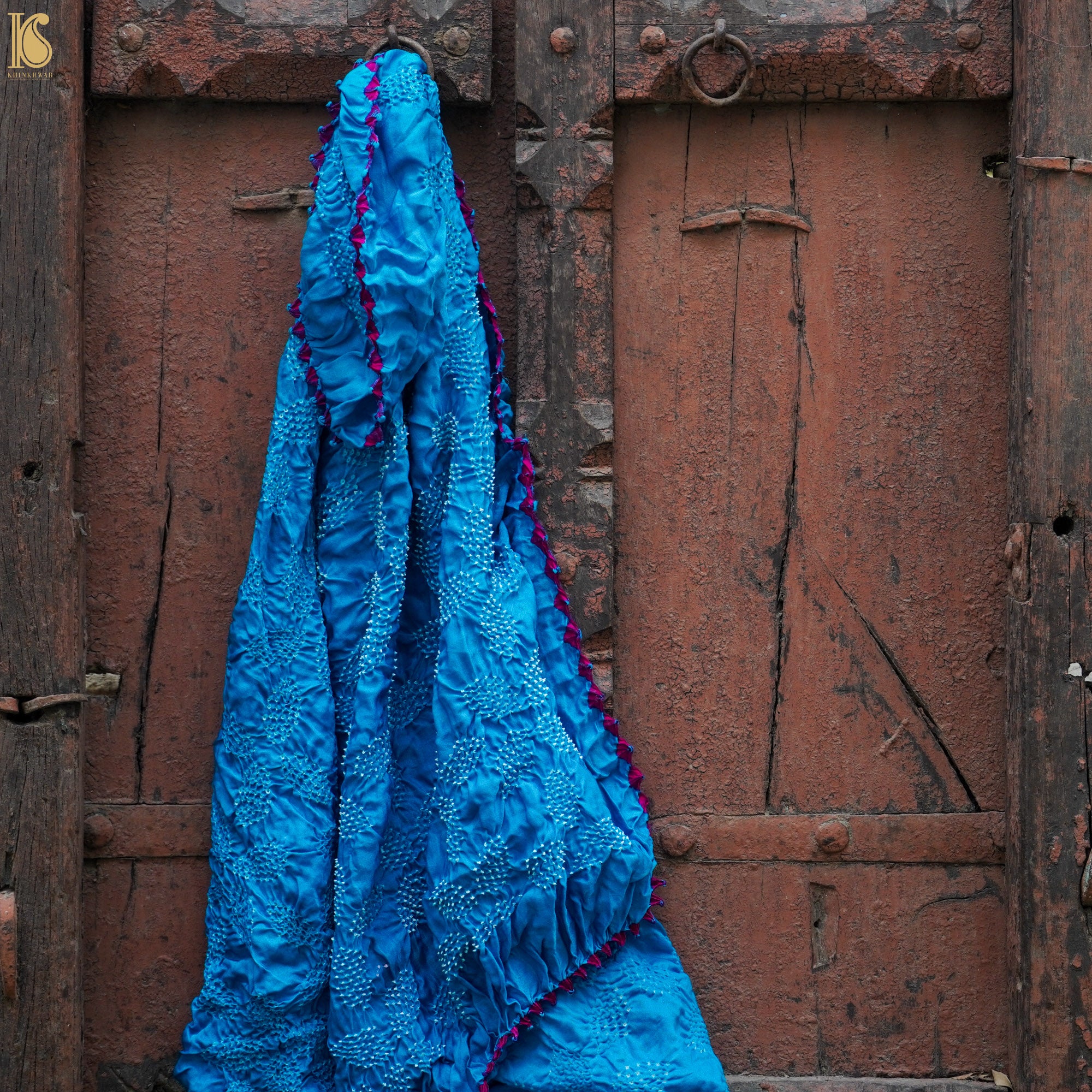 Pacific Blue Pure Gajji Silk Handwoven Bandhani Blouse Fabric - Khinkhwab