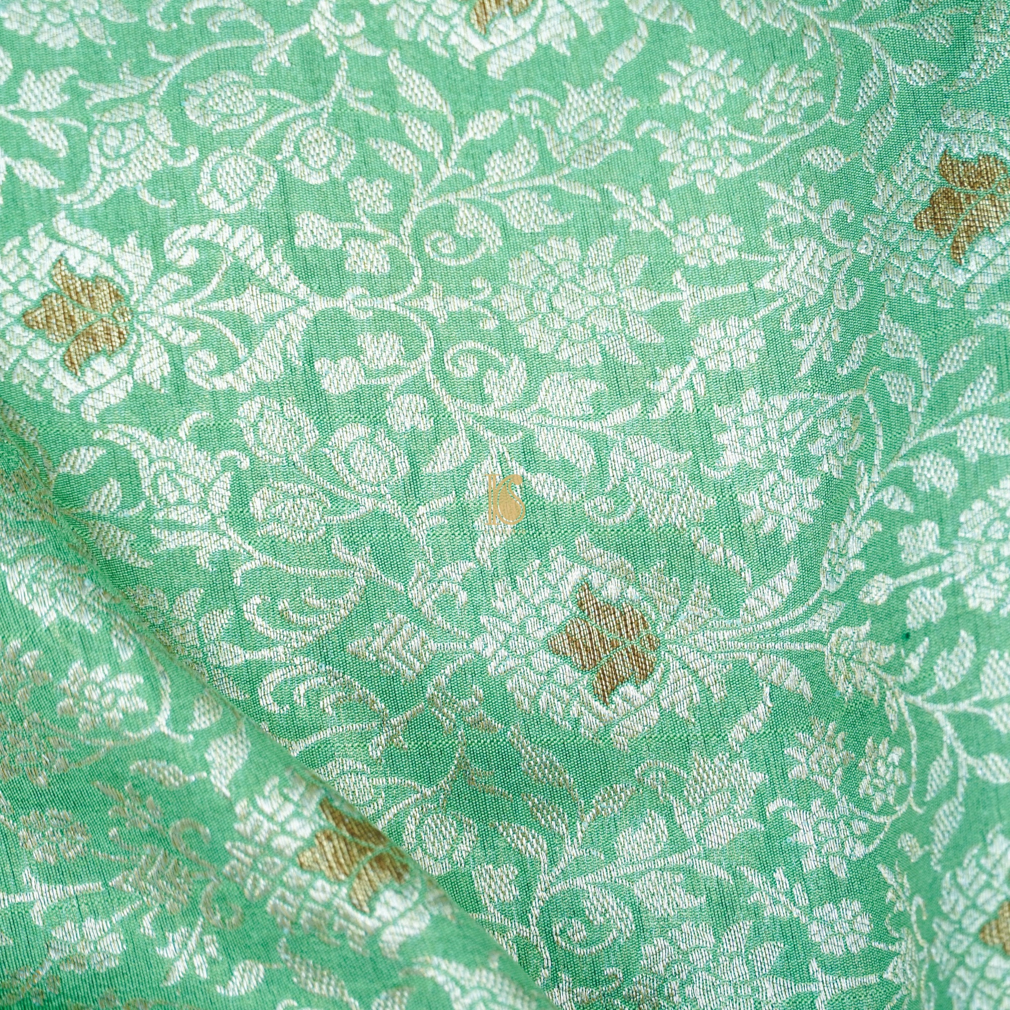Silver Tree Green Pure Katan Silk Brocade Banarasi Fabric - Khinkhwab