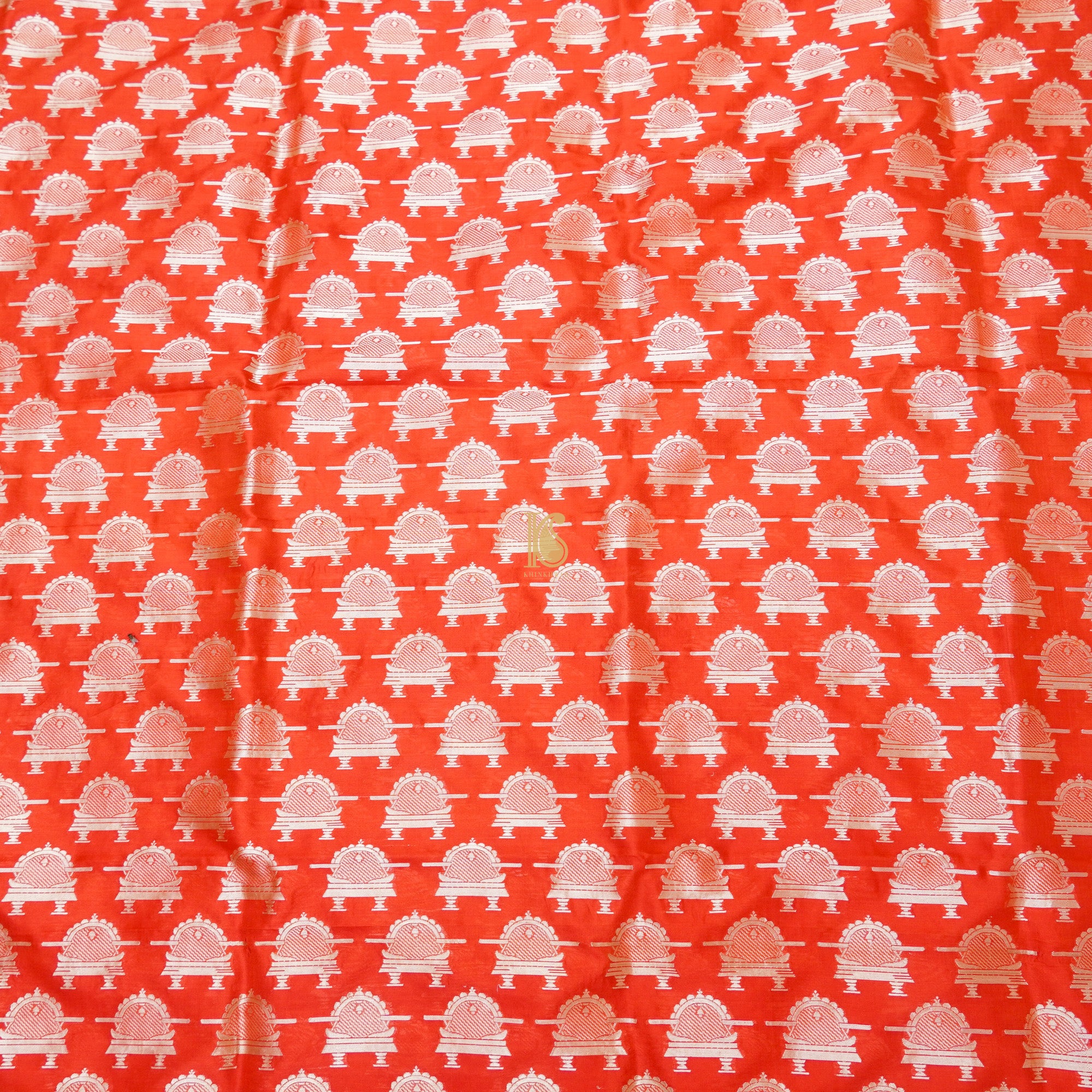 Orange Handwoven Pure Katan Silk Banarasi Paalki Fabric - Khinkhwab