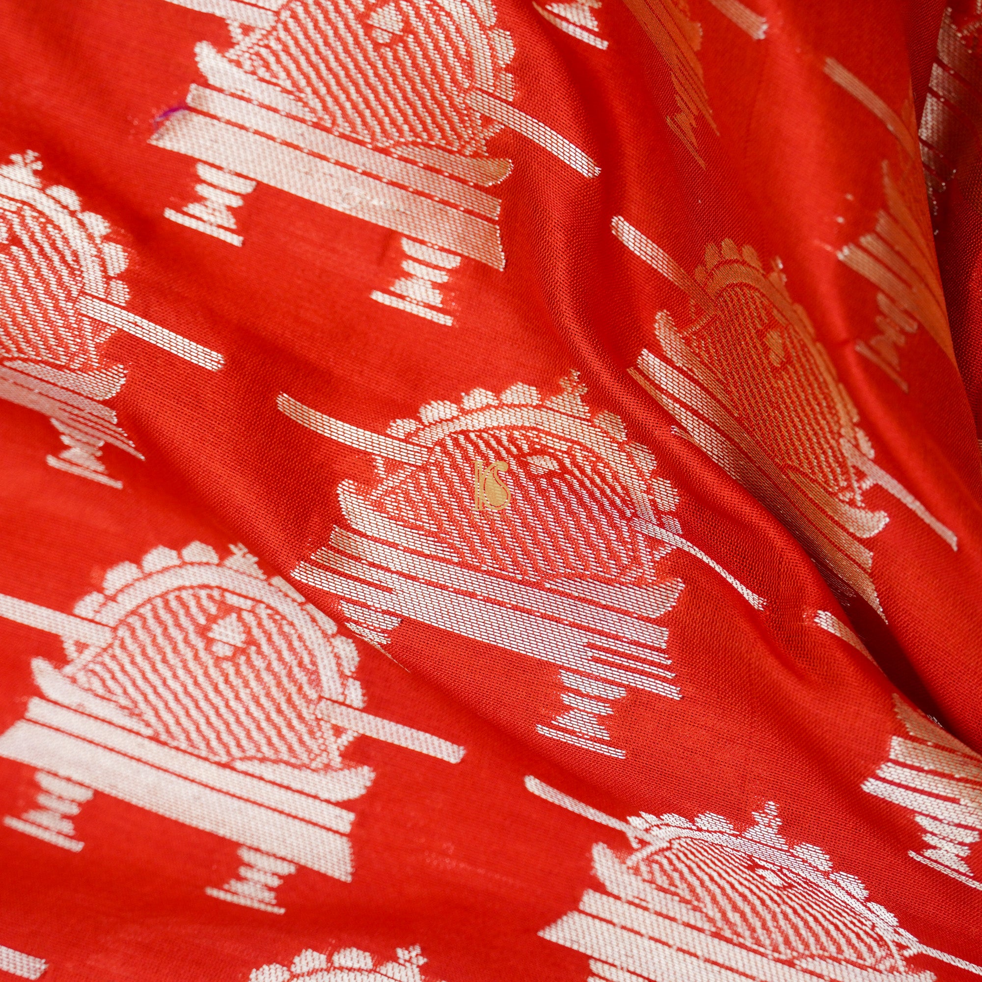 Orange Handwoven Pure Katan Silk Banarasi Paalki Fabric - Khinkhwab