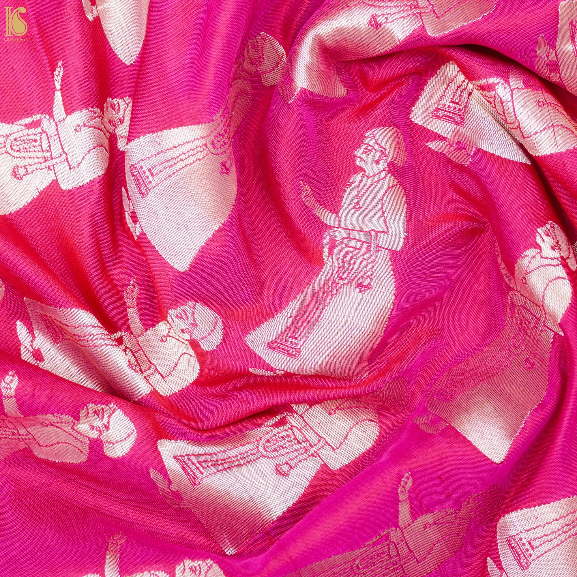 Deep Cerise Handwoven Pure Katan Silk Banarasi Figure Fabric - Khinkhwab