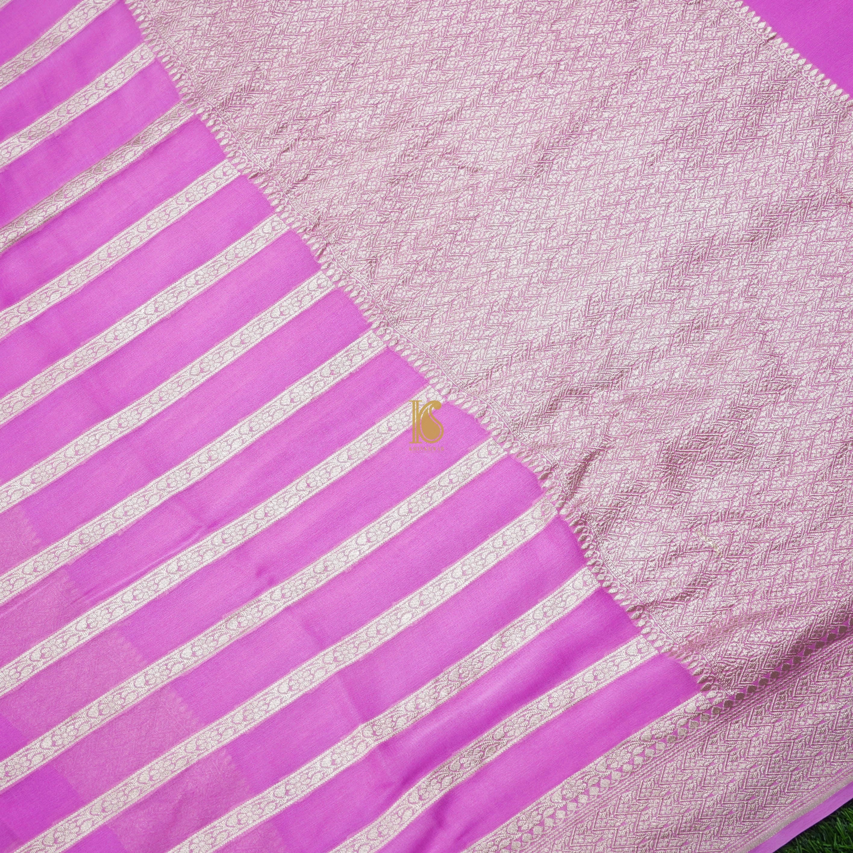 Baby Pink Pure Georgette Handloom Banarasi Stripes Saree - Khinkhwab