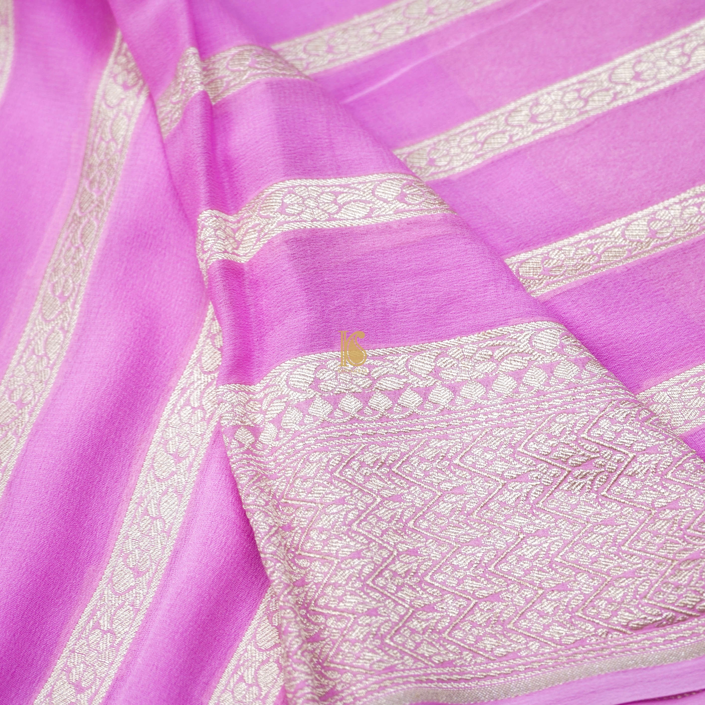 Baby Pink Pure Georgette Handloom Banarasi Stripes Saree - Khinkhwab