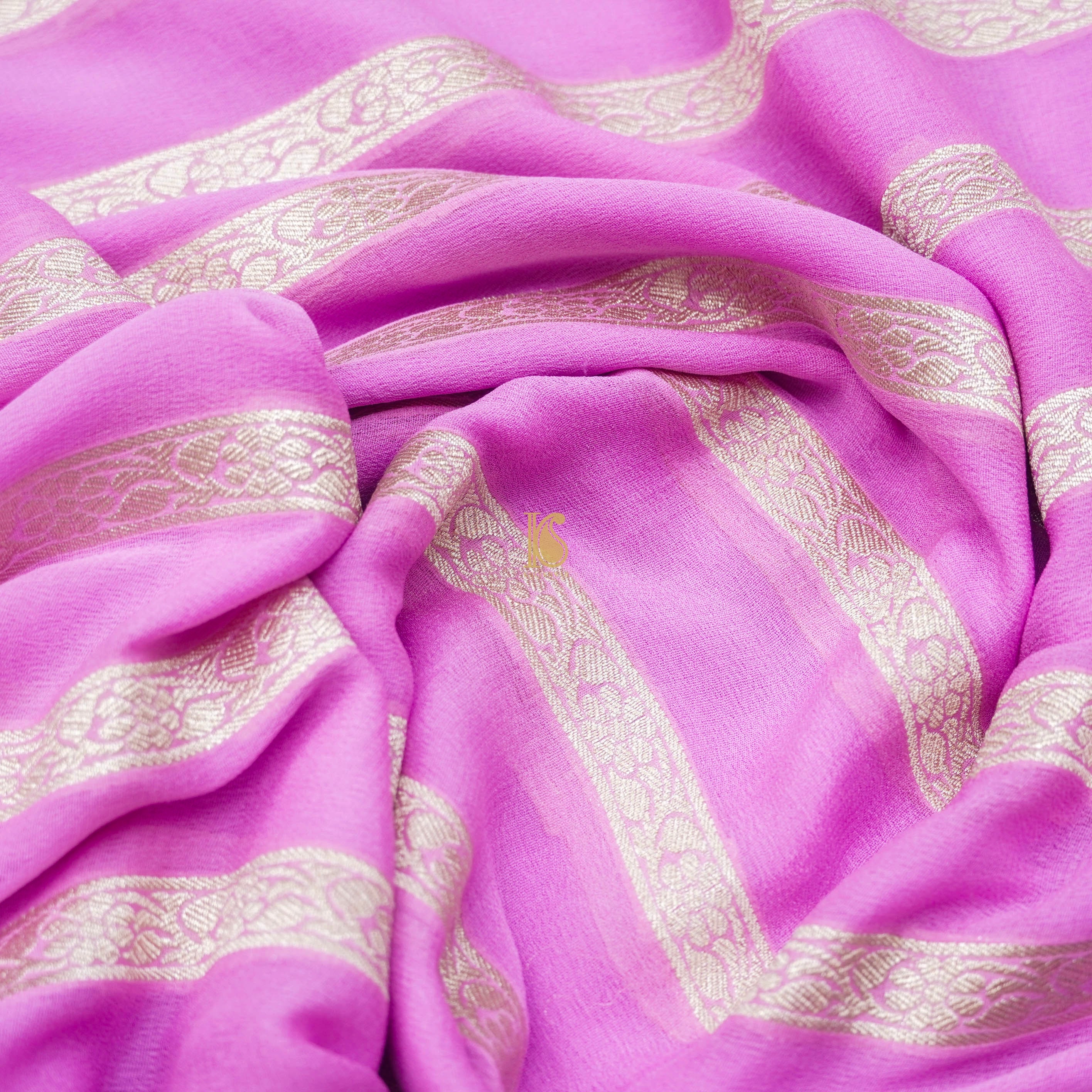 Baby Pink Pure Georgette Handloom Banarasi Stripes Saree - Khinkhwab