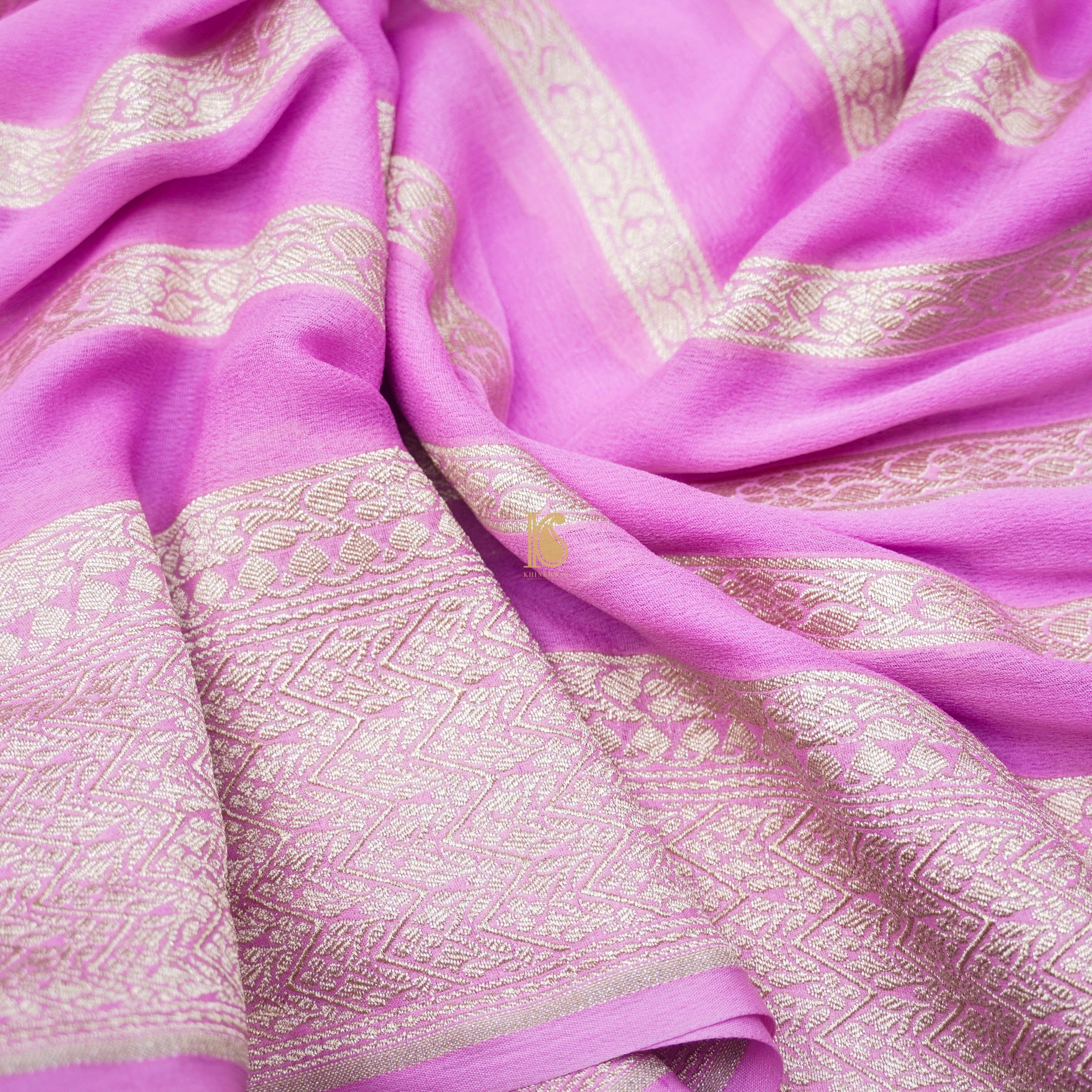 Baby Pink Pure Georgette Handloom Banarasi Stripes Saree - Khinkhwab