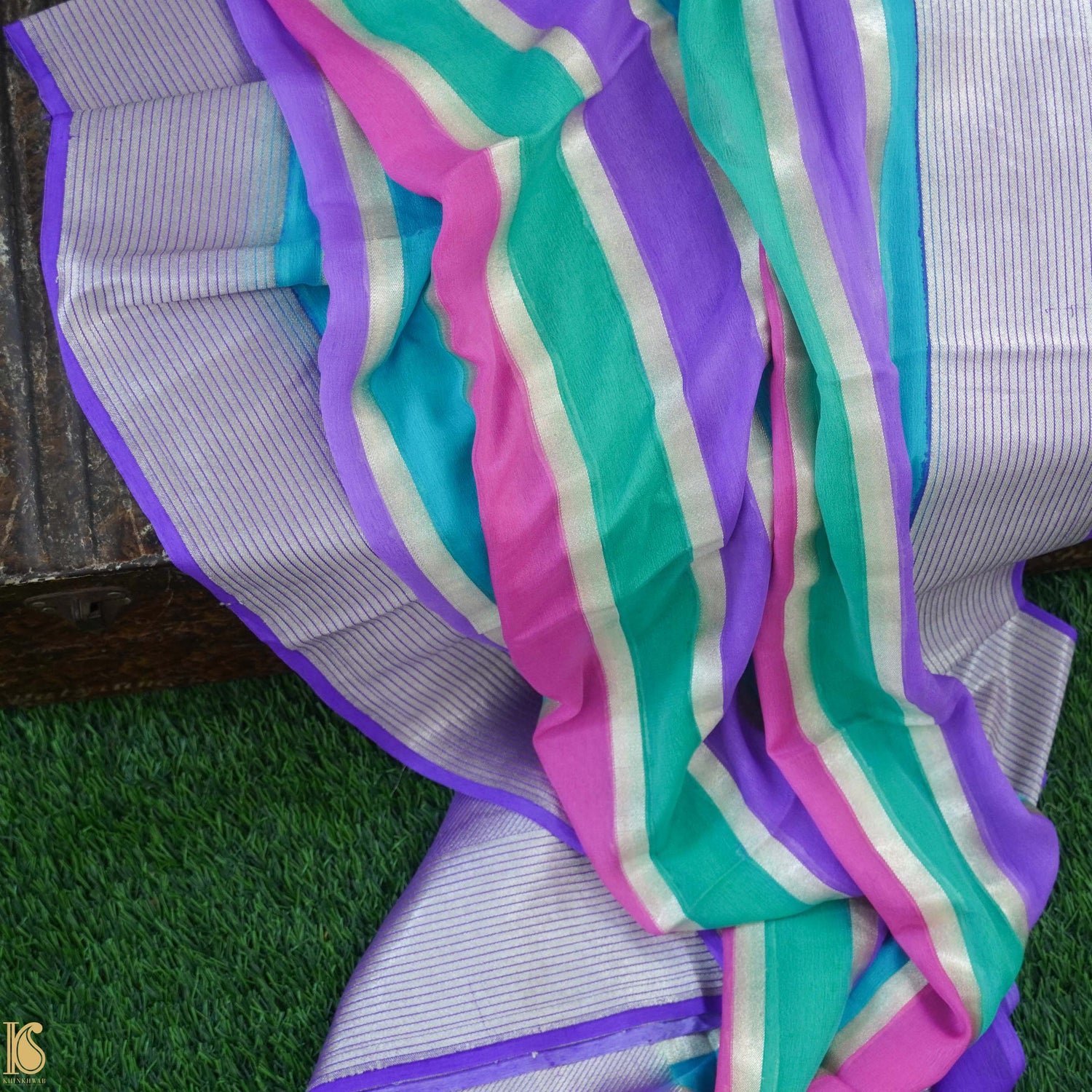 Multicolor Pure Georgette Handloom Banarasi Stripes Dupatta - Khinkhwab