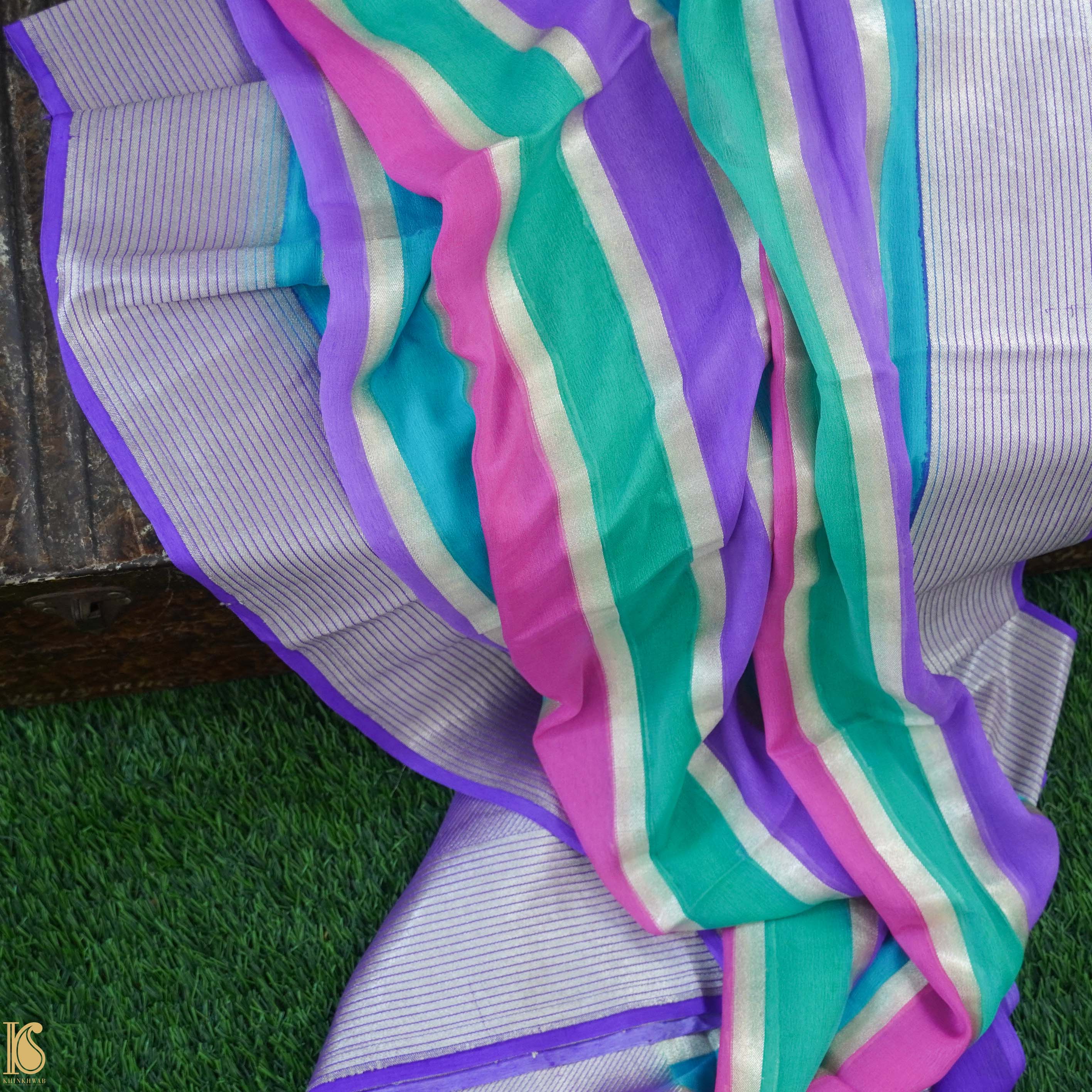 Multicolor Pure Georgette Handloom Banarasi Stripes Dupatta - Khinkhwab