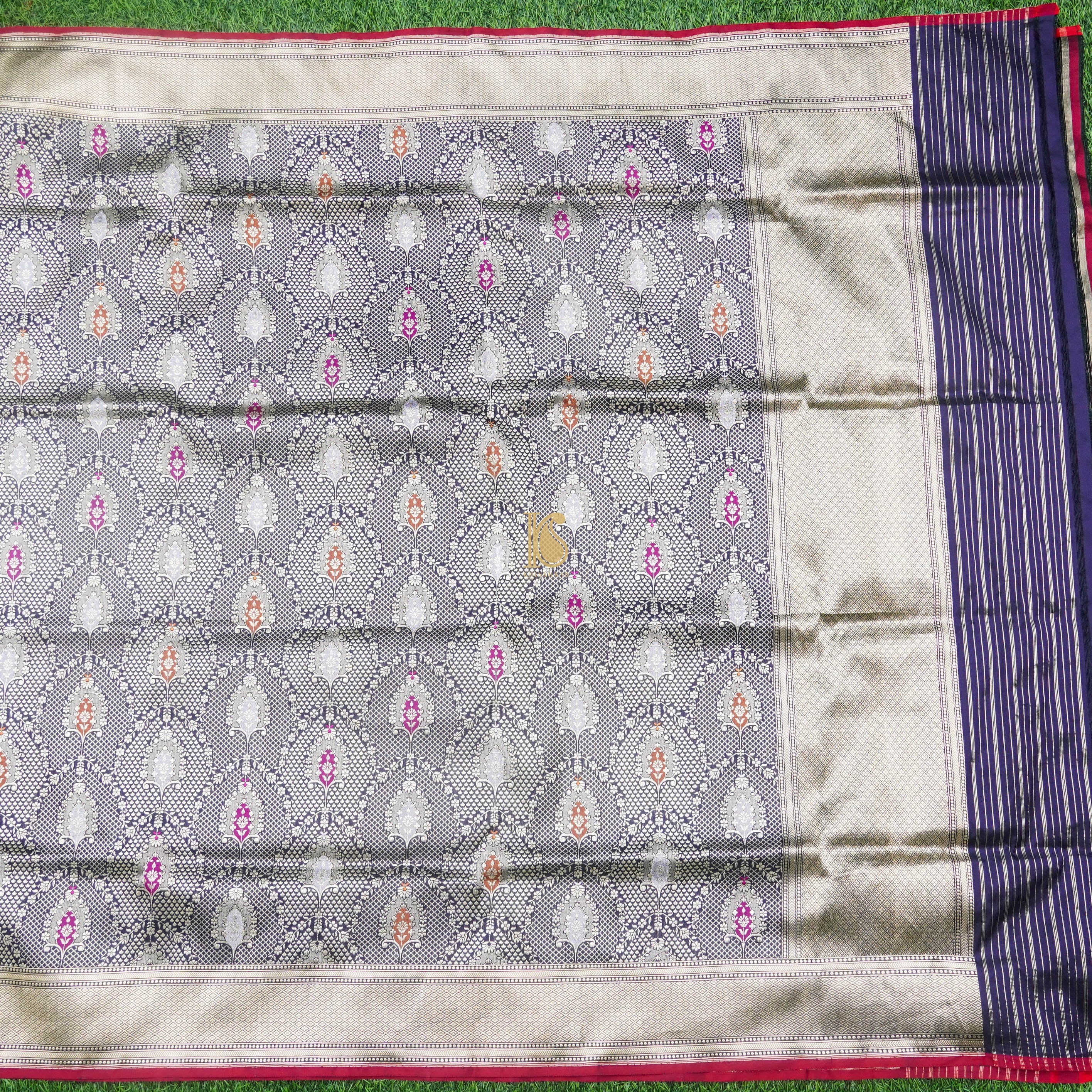Navy Blue Pure Katan Silk Handloom Kadwa Banarasi Dupatta - Khinkhwab