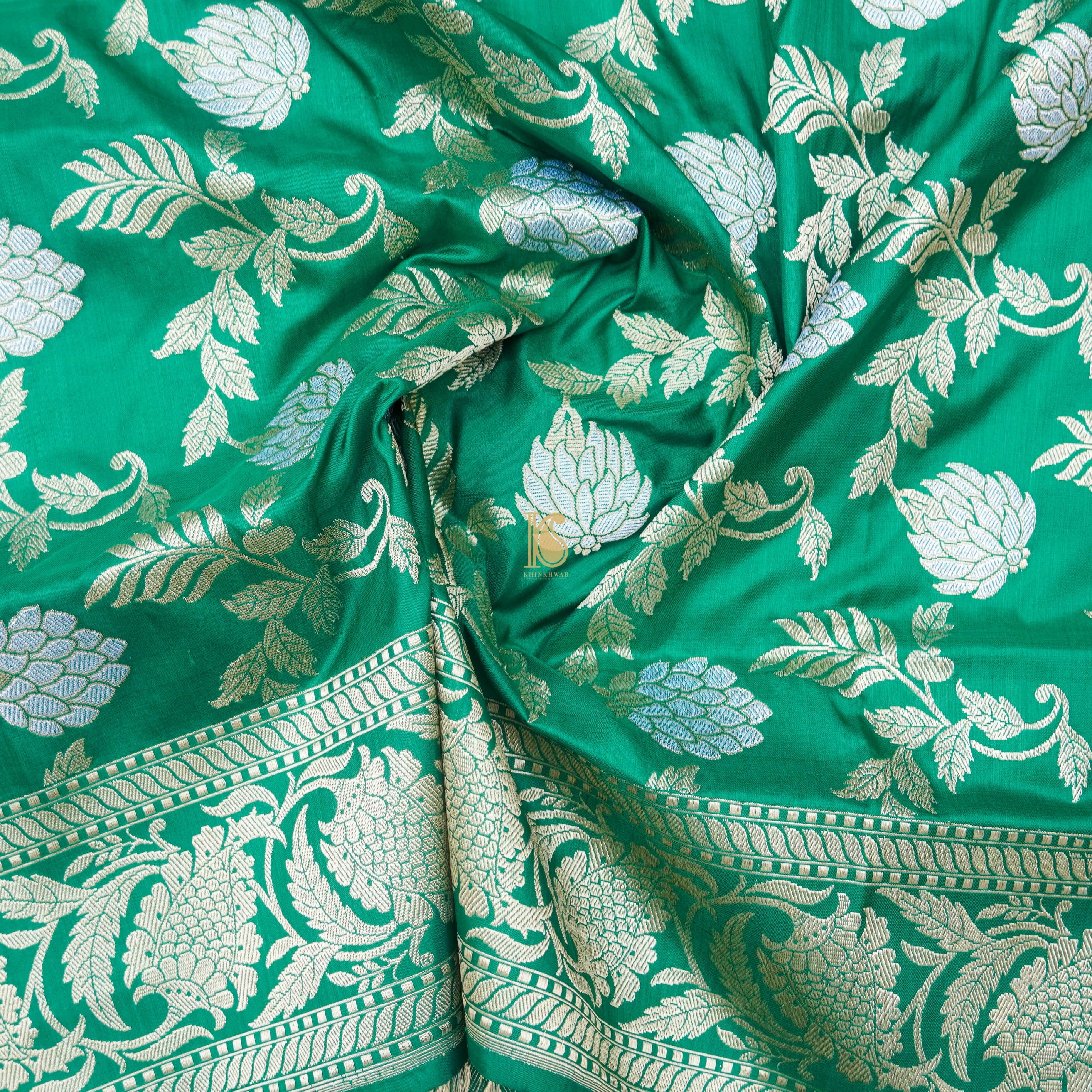Emerald Green Pure Katan Silk Handloom Kadwa Banarasi Dupatta - Khinkhwab