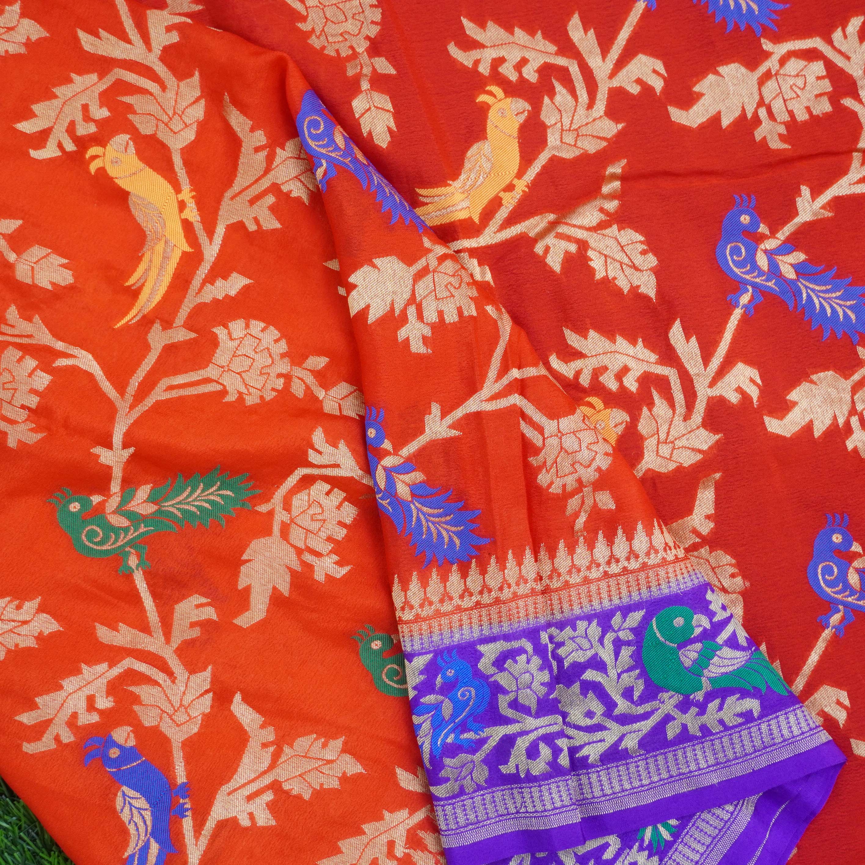 Red & Purple Pure Georgette Birds Banarasi Saree - Khinkhwab