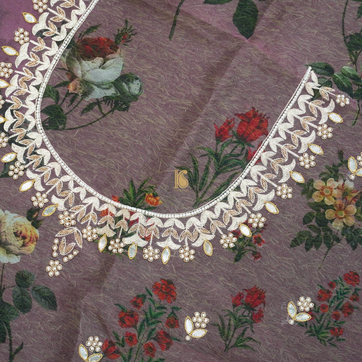 Pure Organza Silk Print Blouse Fabric with Embroidery - Khinkhwab
