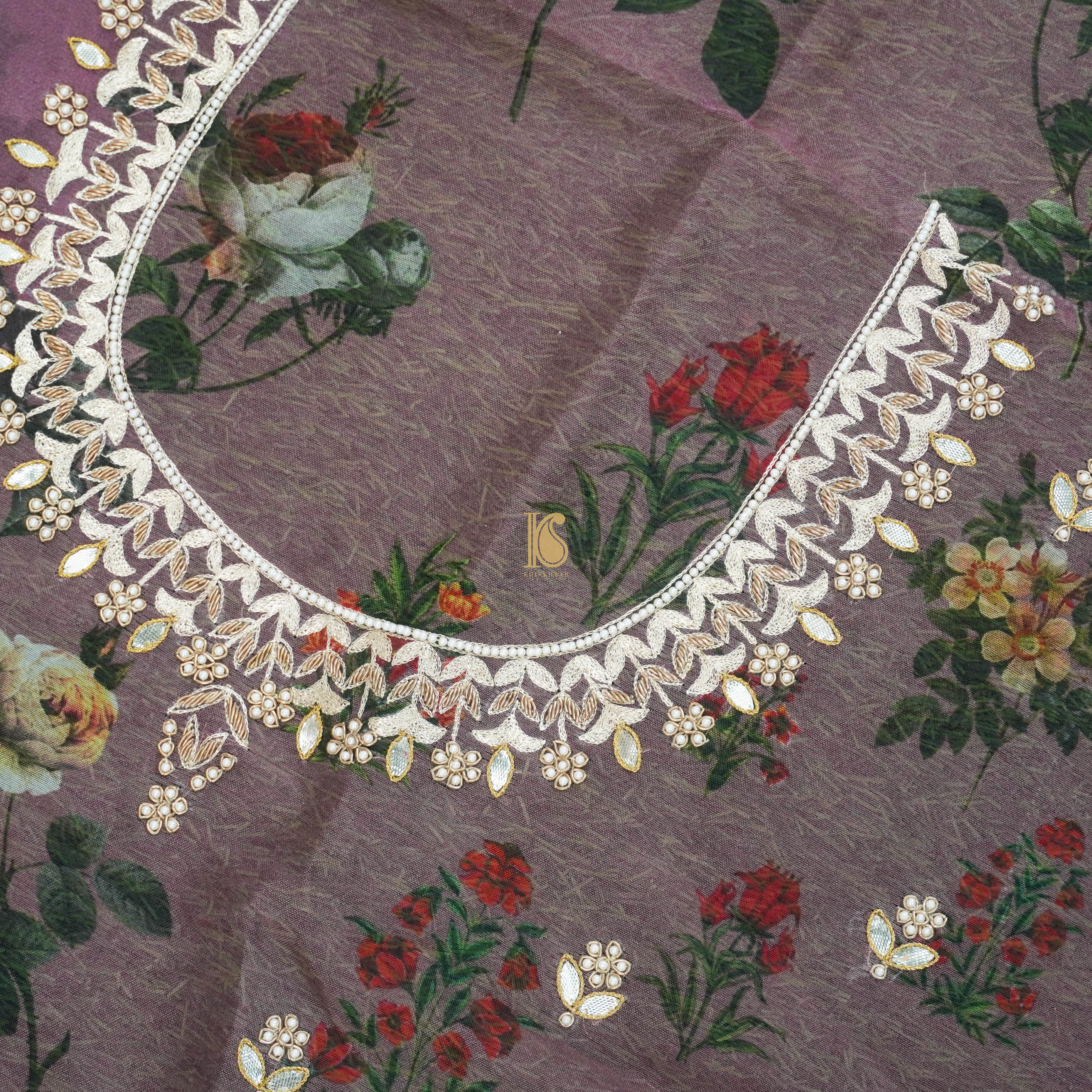 Pure Organza Silk Print Blouse Fabric with Embroidery - Khinkhwab