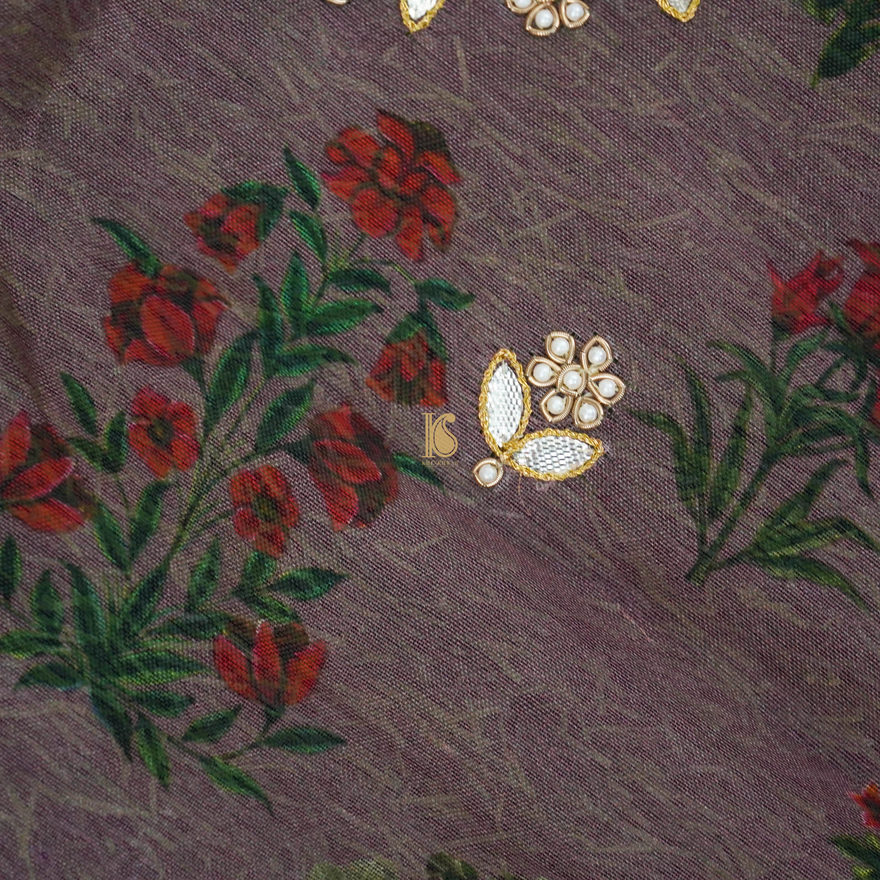Pure Organza Silk Print Blouse Fabric with Embroidery - Khinkhwab