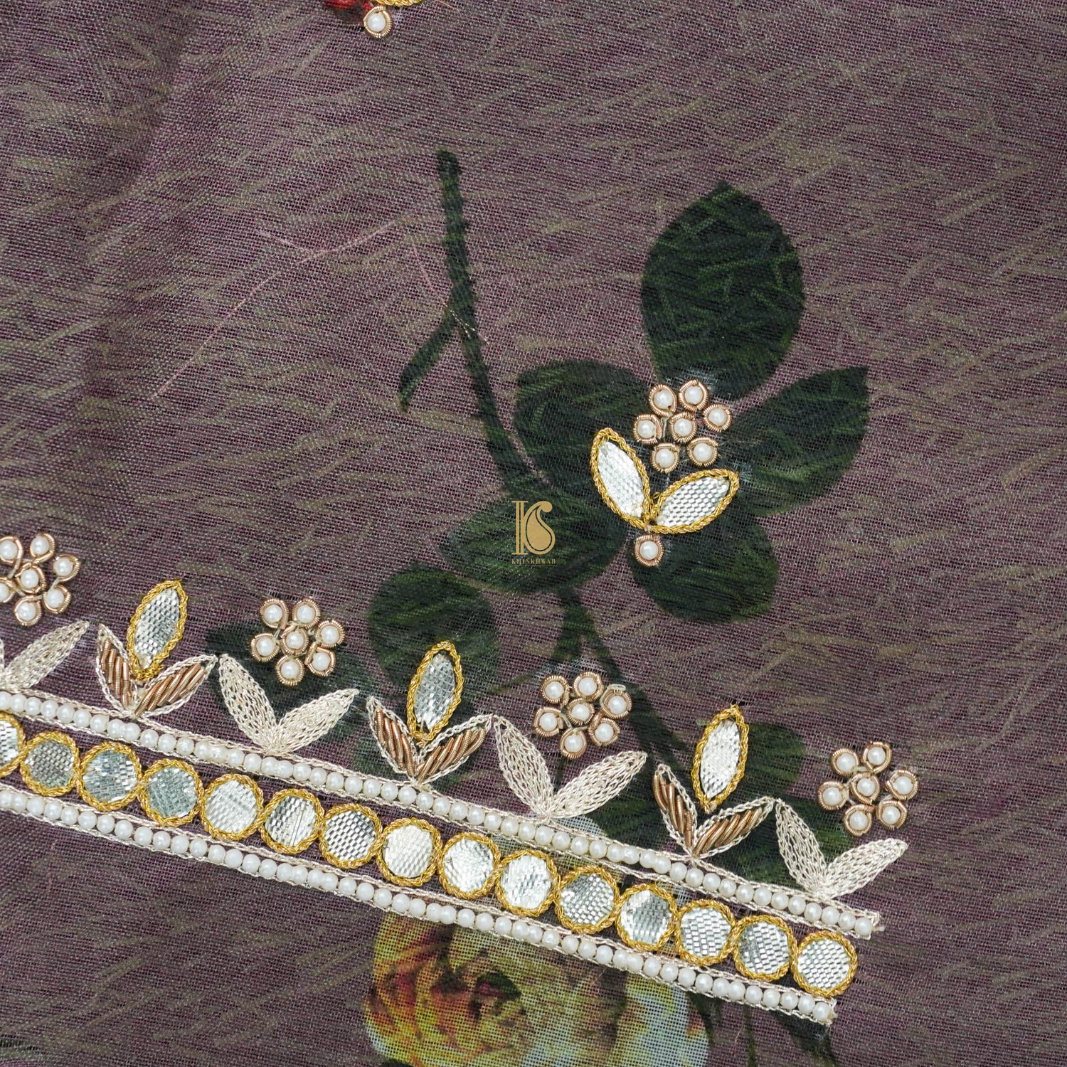 Pure Organza Silk Print Blouse Fabric with Embroidery - Khinkhwab