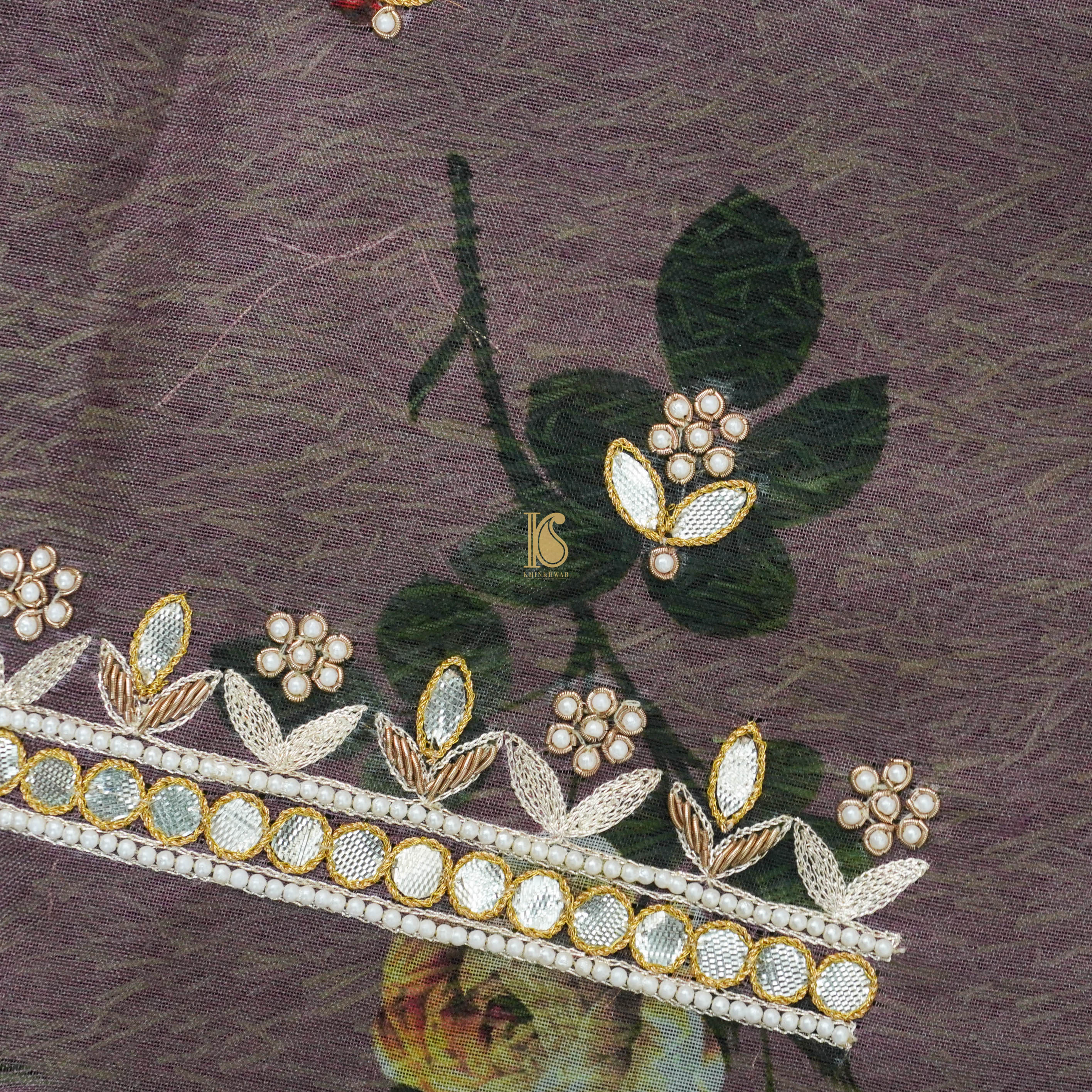 Pure Organza Silk Print Blouse Fabric with Embroidery - Khinkhwab
