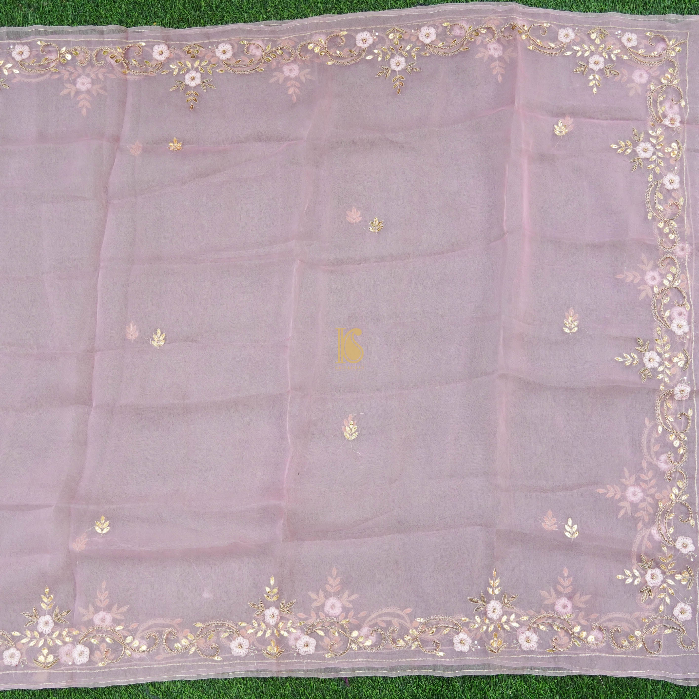 Baby Pink Organza Handloom Embroidered Dupatta - Khinkhwab