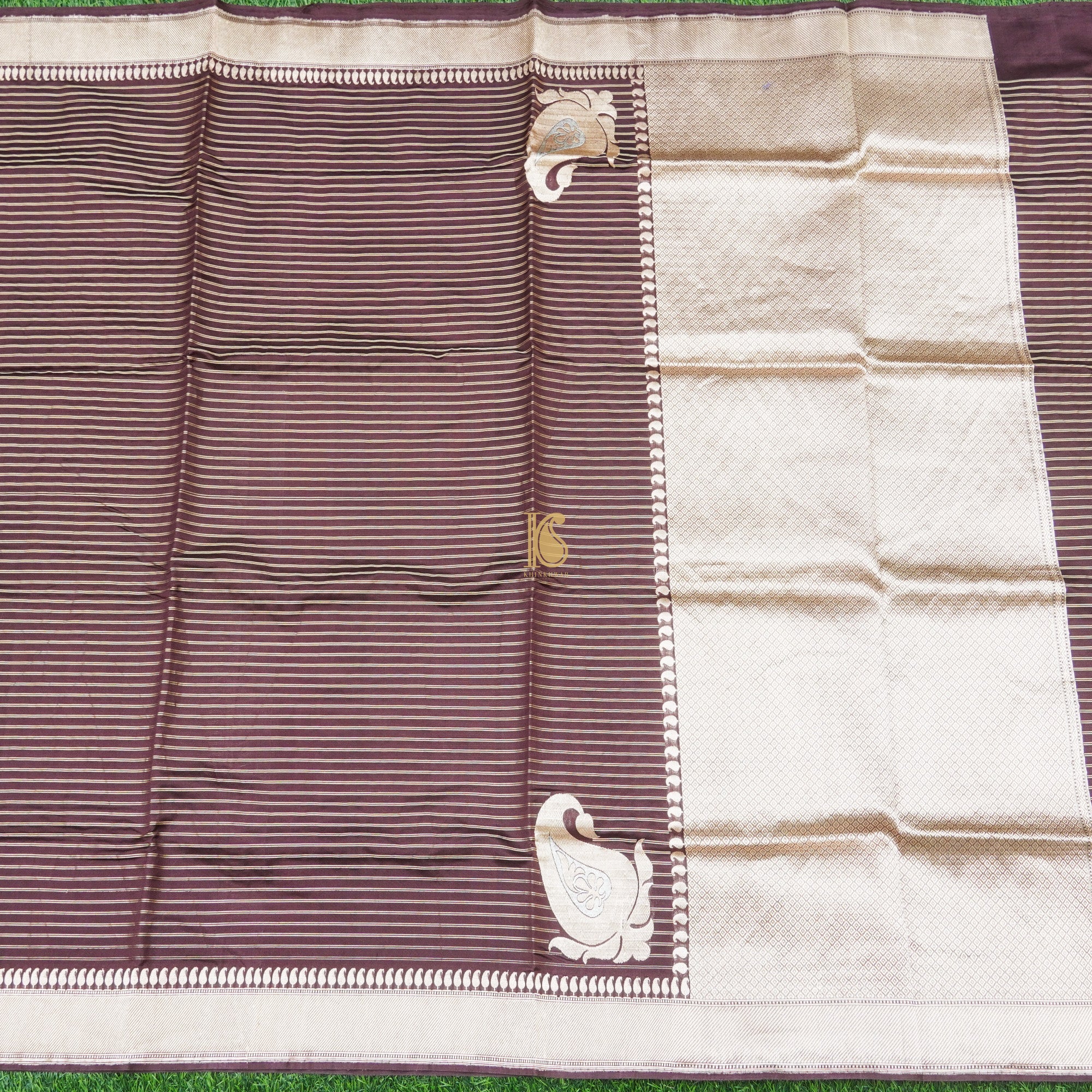 Congo Brown Pure Kora Silk Handloom Banarasi Soft Drape Saree - Khinkhwab